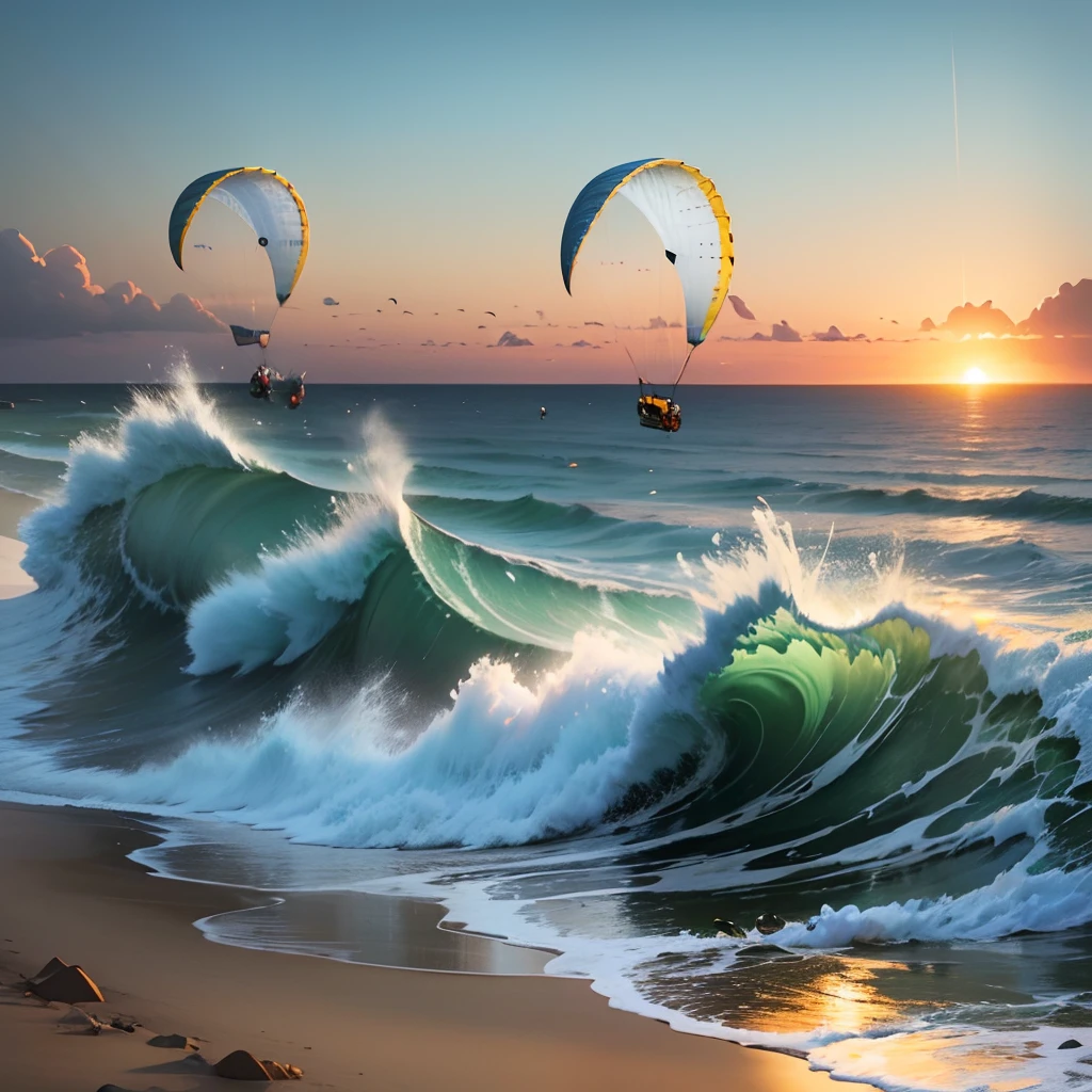 beach landscape with dunes, paragliders flying over the sea, with big waves, at sunset, digital painting --auto --s2