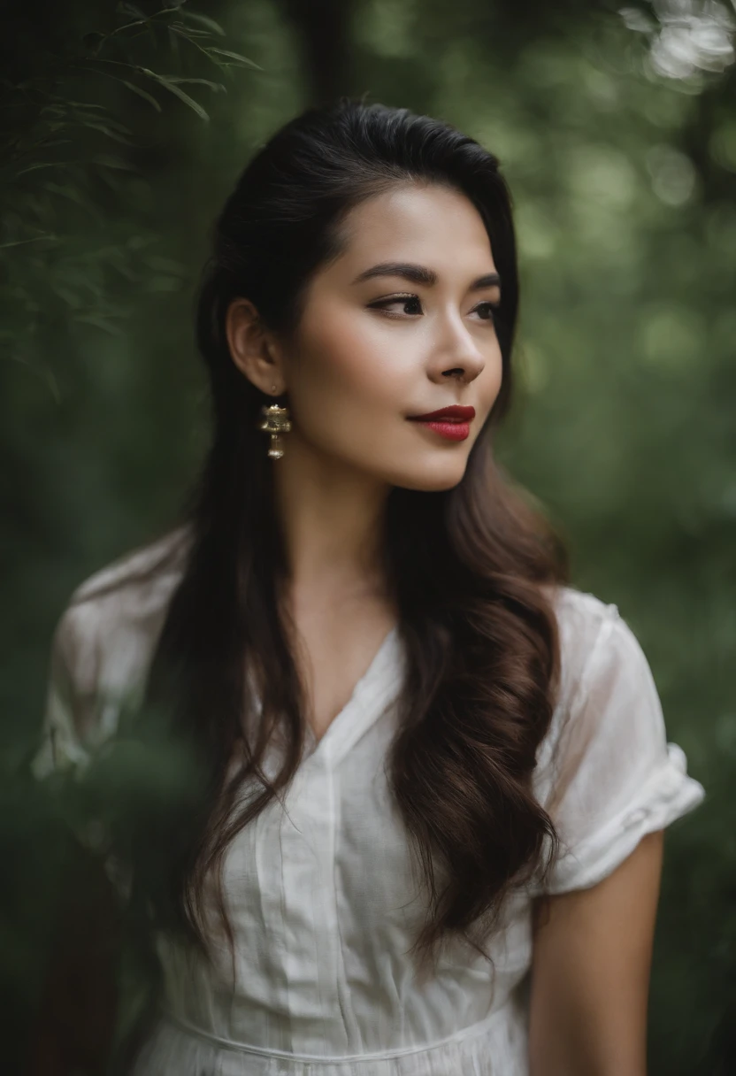 Girl wearing a ruby necklace on her chest，Dark green long-sleeved shirt，Dark green dress for girls，High ponytail，in bamboo forest，themoon
