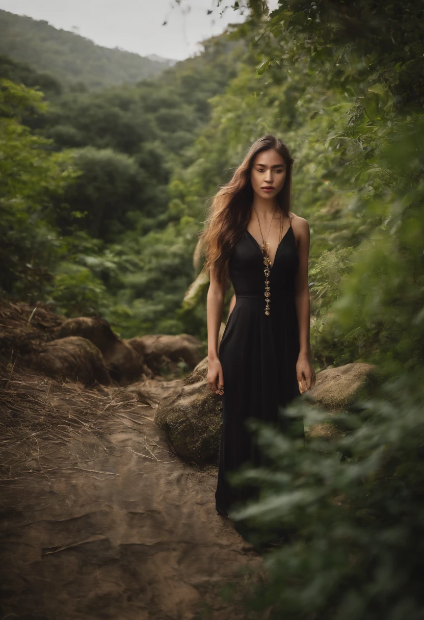 Girl wearing a ruby necklace on her chest,Dark green long-sleeved shirt,Dark green dress for girls,High ponytail,in bamboo forest,themoon