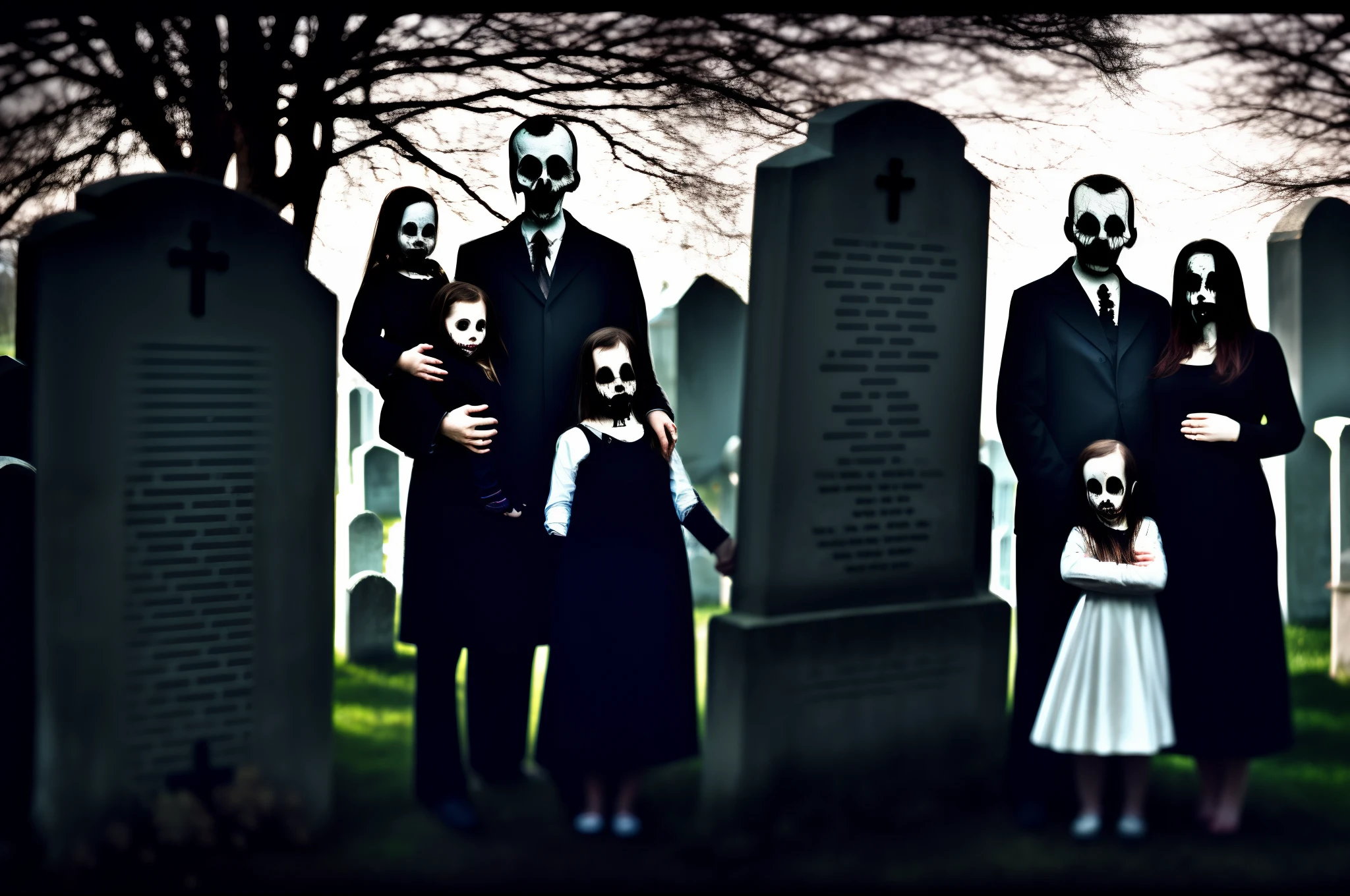 A selfportrait of Adam's family near a graveyard , very creepy and dark image,first plan with zoom focus on the family
