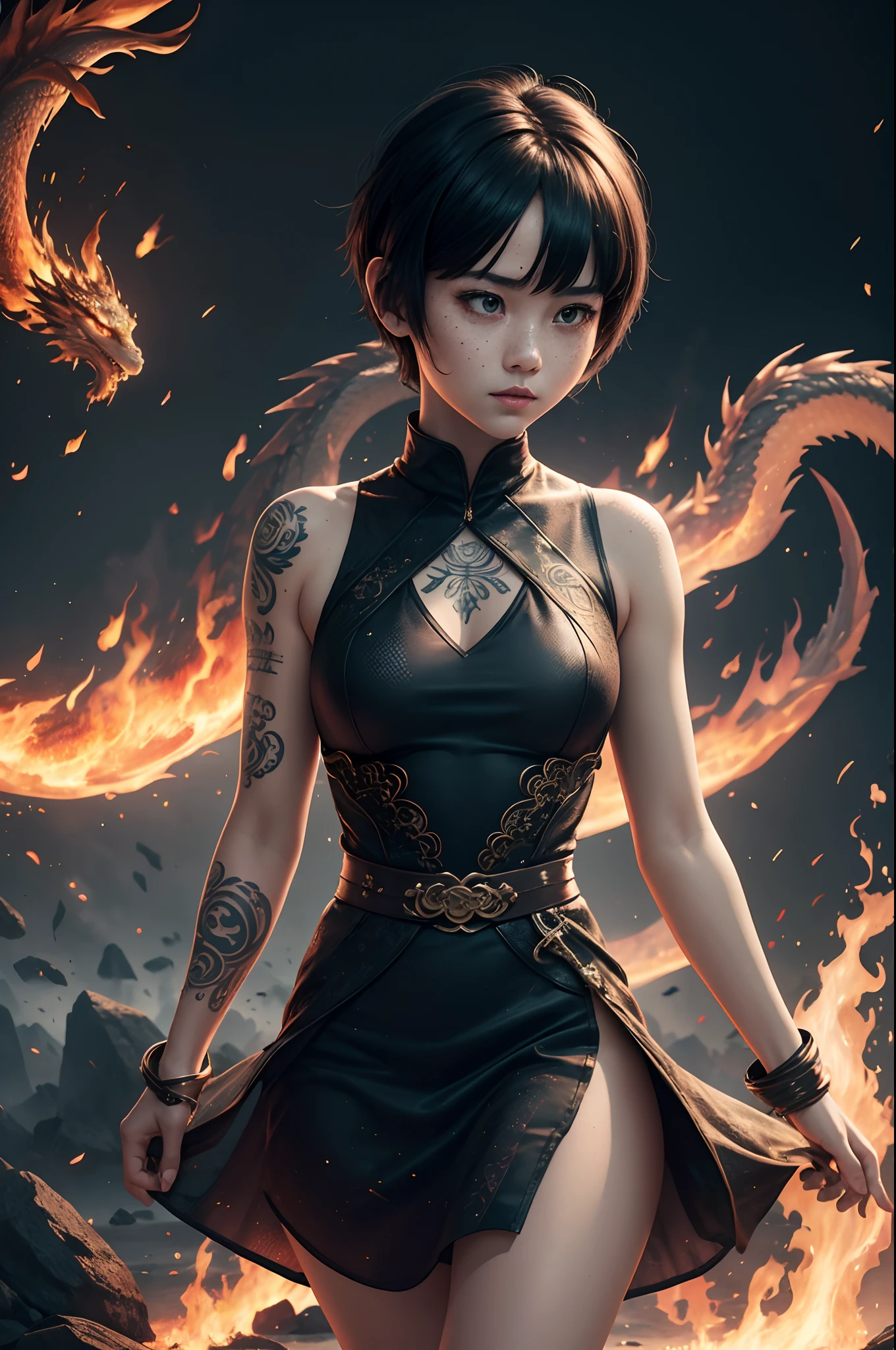 1 girl, balance, yinyan, dragon background, tattoo, fire, low light, mythical, transparent short dress,  sleeveless dress, short hair, black hair,  freckles, cute, ultra high quality