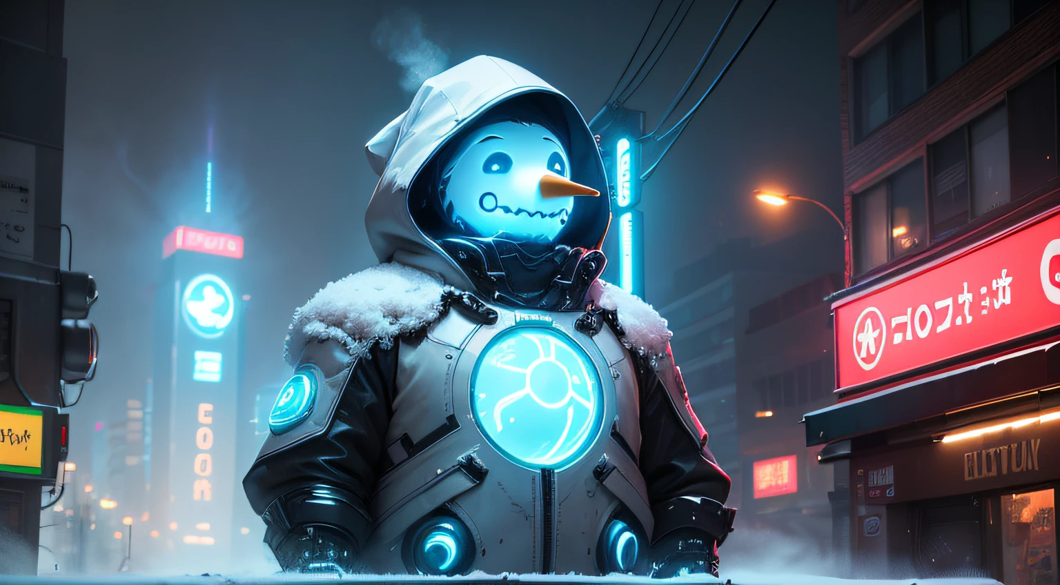 (best quality,4K,8K,High resolution,masterpiece:1.2),ultra-detailed,(realistic,photorealistic,photorealistic:1.37),Cute snowman,cyberpunk style,neon lights,Colorful atmosphere,Bright colors,Post-apocalyptic setting,Dystopian cityscape,Glowing holograms,Futuristic technologies,Grainy textures,Urban decay,heavy rain,Snow-covered streets,Massive skyscrapers,Soaring drones,Steam, rising from the vents,Smoke-filled alleys,Updated snowman design,Bright glowing eyes,Mechanical arms and legs,Ice body with glowing neon accents,Hooded cloak made of futuristic fabric,Holding a glowing energy sphere,Reflections of neon lights on snow,Contrast between cold and warm colors,mysterious and charming presence,Dynamic pose,giant holographic billboards and advertisements,Electronic music, filling the air, Atmospheric fog,Flickering reflections on wet surfaces, Cybernetic improvements on the face and body of a snowman, a night environment with rain-soaked streets, steam rising from the sewer