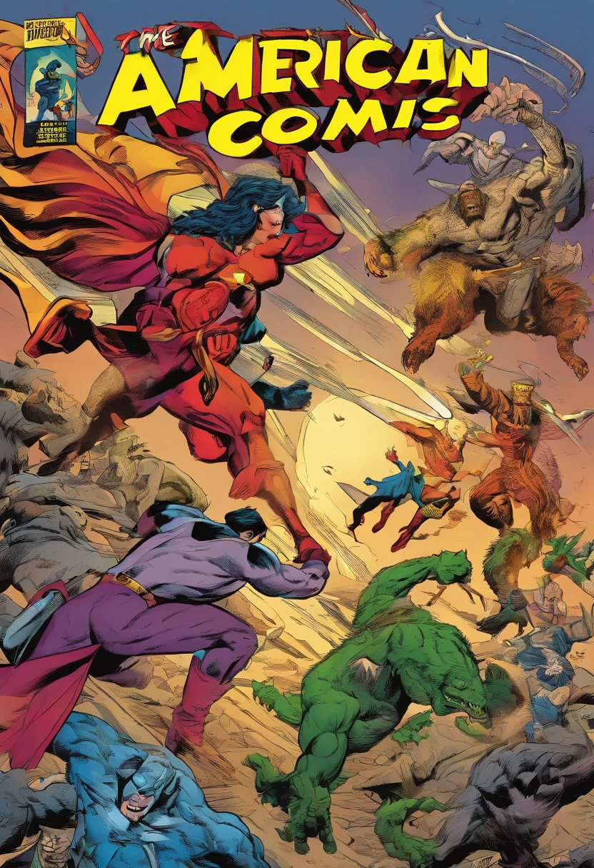 American comics, The comic story is presented in multiple irregular colored panels. Superheroes are fighting monsters