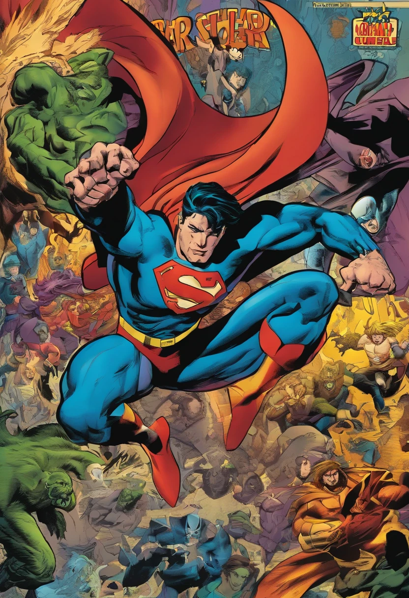 American comics, The comic story is presented in multiple irregular colored panels. Superheroes are fighting monsters