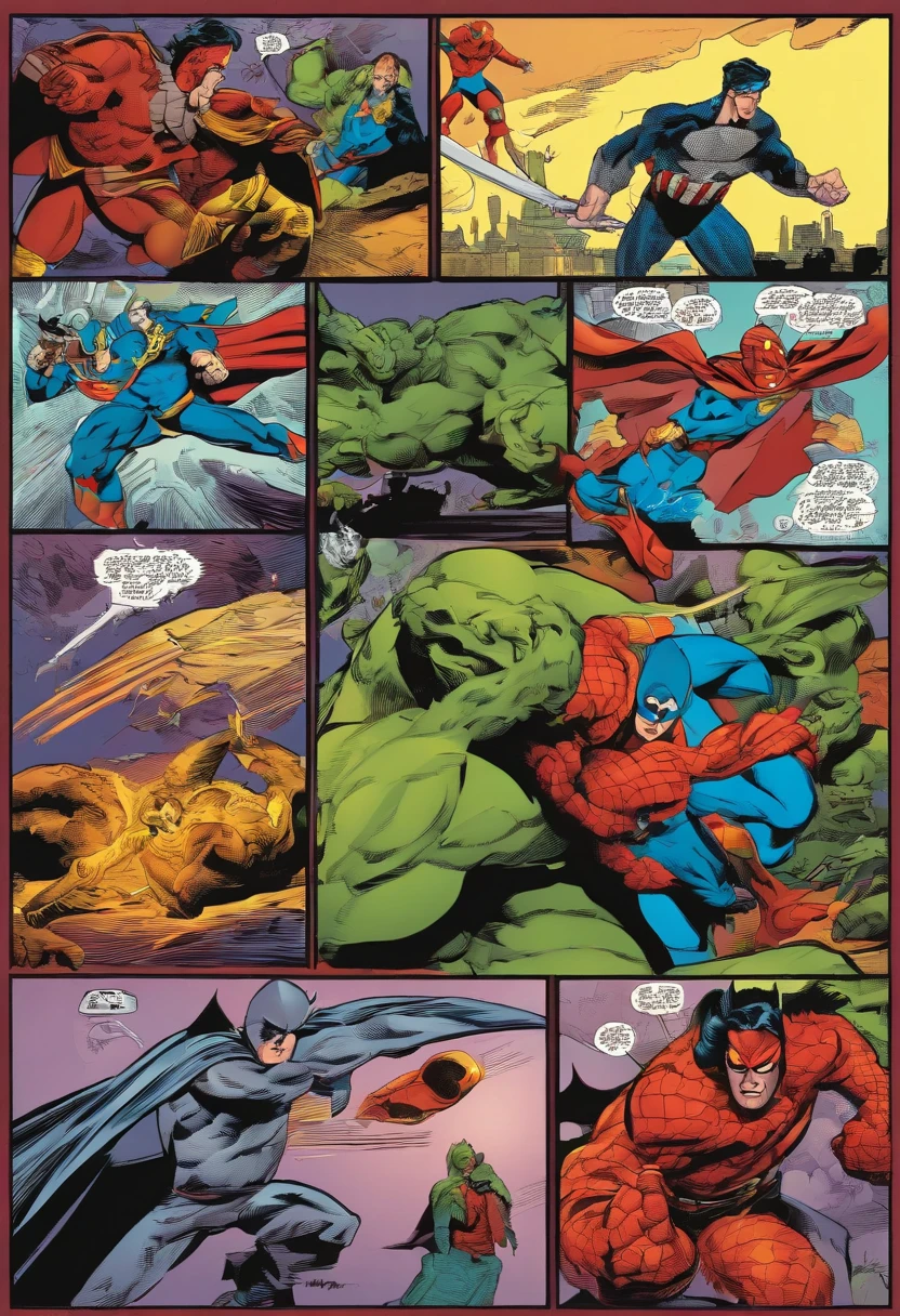 American comics, The comic story is presented in multiple irregular colored panels. Superheroes are fighting monsters