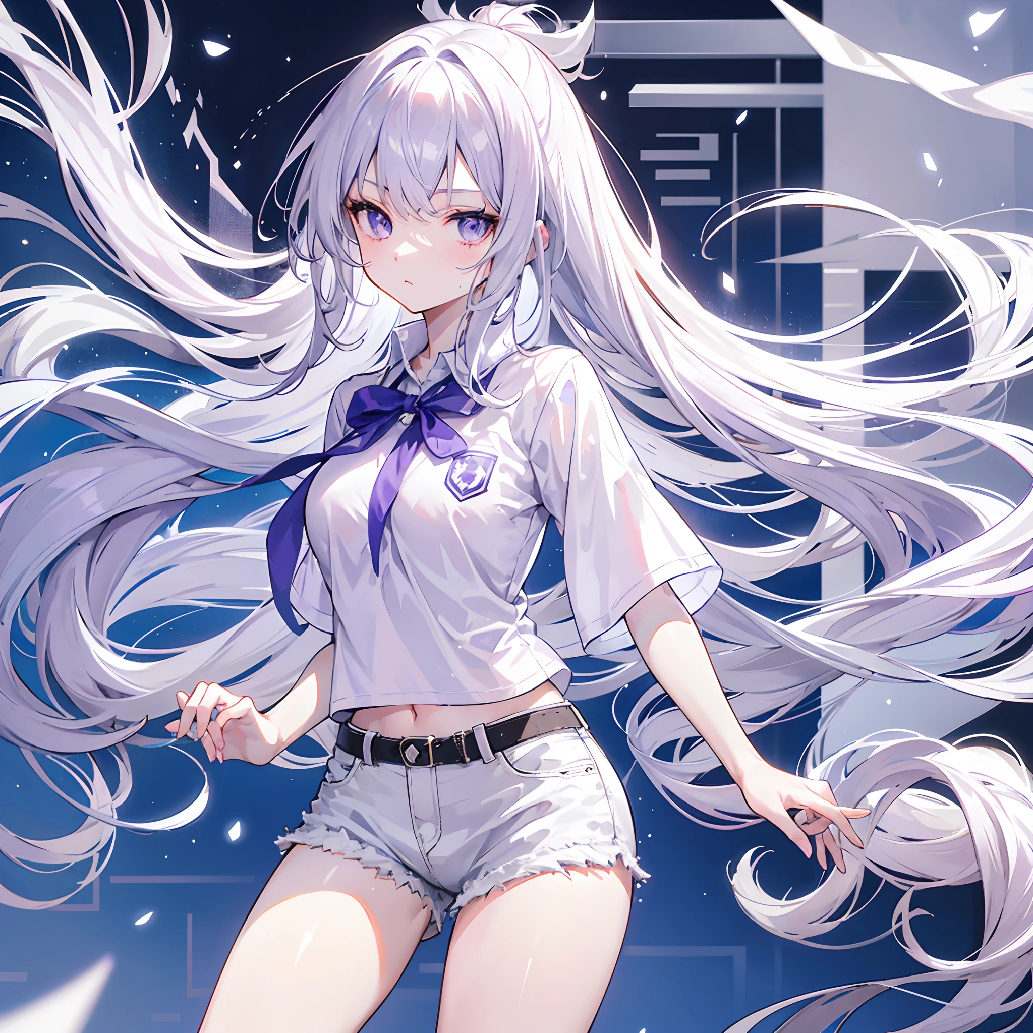silver-white long hair，Purple eye，white short sleeve，blue jeans short pants，In the school department，Hold your hands to your chest，proud look，A high-spirited look，Very spirited look，chiquita，Medium build