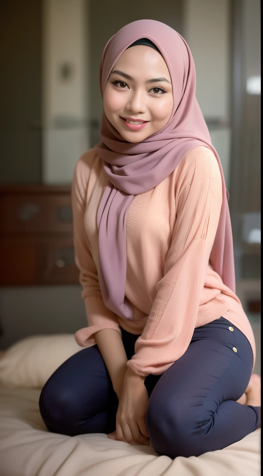 Malay girl in hijab wear baju kurung, pastel color, kneeling in bed, front view, detail skin, detail skin texture, mole below eyes, small breast, big hip, big waist, big thigh, slim abs, beautiful body, evening, laughing, happy, bright lighting, blur background, bokeh,