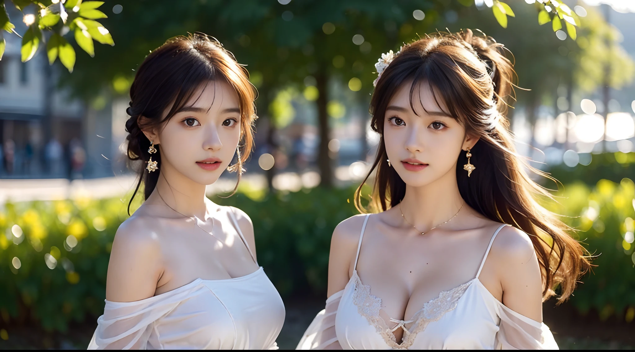 Works of masters,high detal,8K分辨率,exquisite facial features,s the perfect face,20-year-old beautiful girl,3D,Young and beautiful,largeeyes,long eyelasher,Sweet smile,putting makeup on,Beauty photos,Wear a golden corolla,Gold earrings,Earring jewelry,necklace gold.((Long hair,messy  hair,Flutter in the wind,By bangs,brown  hair,Hair decoration,Shawl hair)).((Expose the collarbone,cropped shoulders,Bare arms,White suspender white ribbon,flor branca,laced dress,Lace-trimmed trim,White transparent gauze)).((Close-up of people,the setting sun,The sun shines on the back and hair of the beauty,blur foreground,The background is hazy and blurry,light and shadow effect)).Facing the viewer,Walk by the river,Plants,Flowers and trees,flower ring,trpical garden.Alpine trees in the distance,In the daytime,夏天,Sunset,Blue sky.((Busty:1.5)),((Burst breasts:1.5)),Seven-doppelganger shot,Macro lens,depth of fields,Natural light lighting.