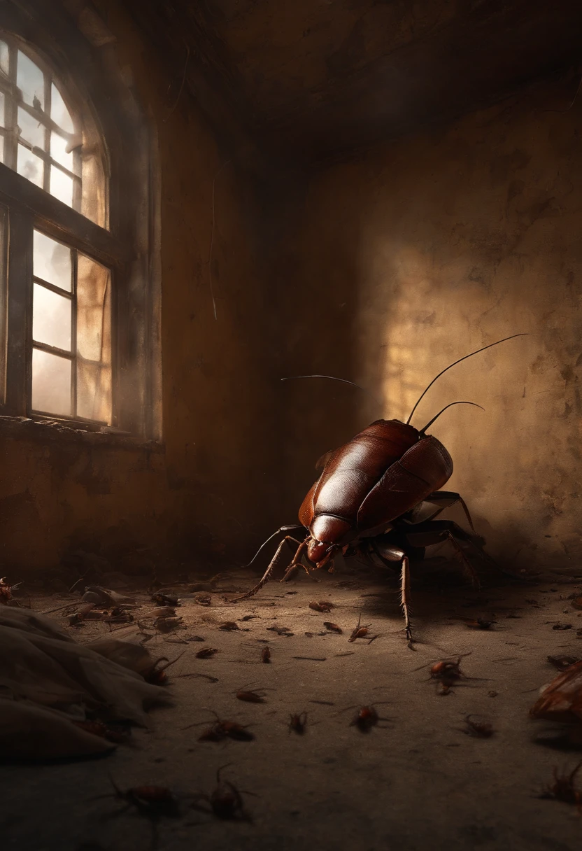 Survivors trapped in a room with the humanoid cockroach standing in a post apocalyptic destroyed building(Long Shot), Surrounded with a cluster of cockroaches around him on the walls. Eerie, Creature, Hyper Realistic.