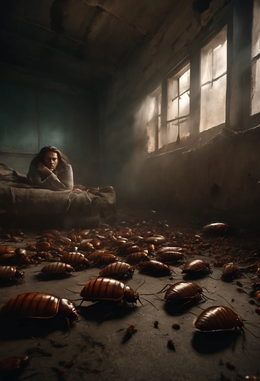 Survivors trapped in a room with the humanoid cockroach standing in a post apocalyptic destroyed building(Long Shot), Surrounded with a cluster of cockroaches around him on the walls. Eerie, Creature, Hyper Realistic.