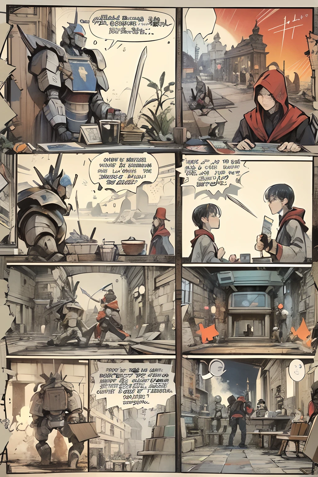 comic strip，Cartoon Split（4 or 5 or 6 tiles），Storyboard，Masterpiece, 。Jack goes home，Pick up your father's relics - a worn-out sword。He decided to use this sword against the robot。。He tried to stop it in various ways，But all failed。 Enhanced detail