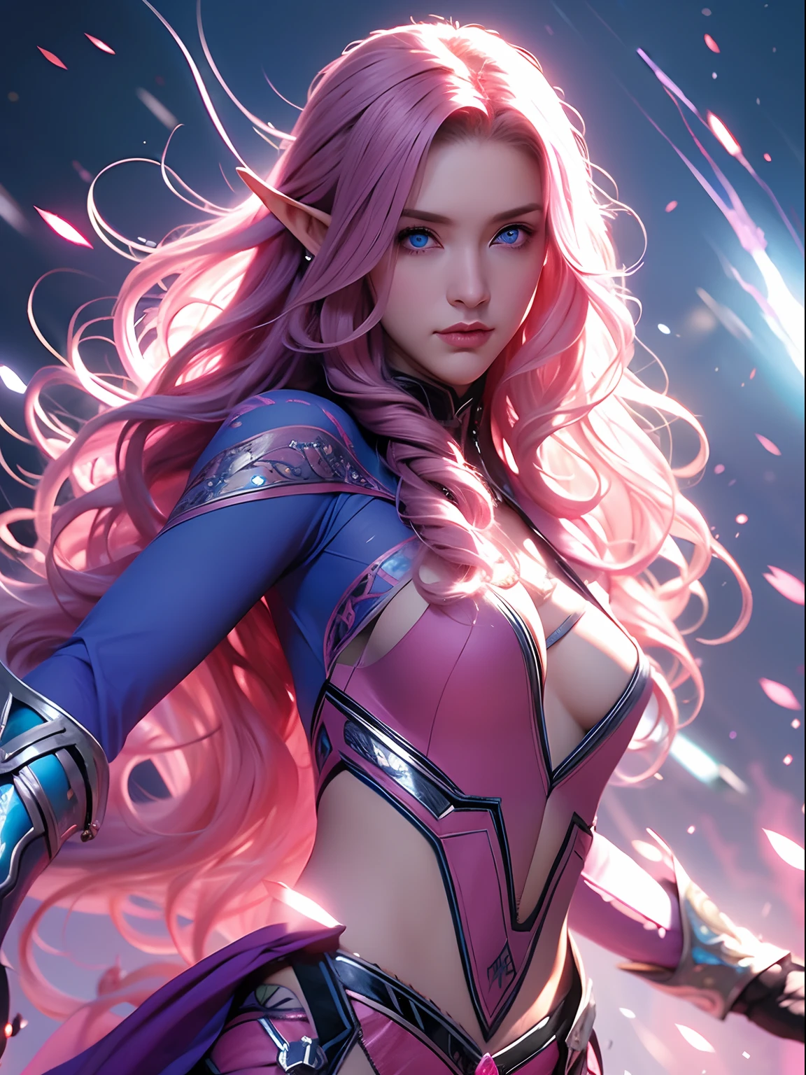 "Woman, long curly hair, pink hair, blue eyes, elf, sword, Combat equipment, combat stance, glowing eyes