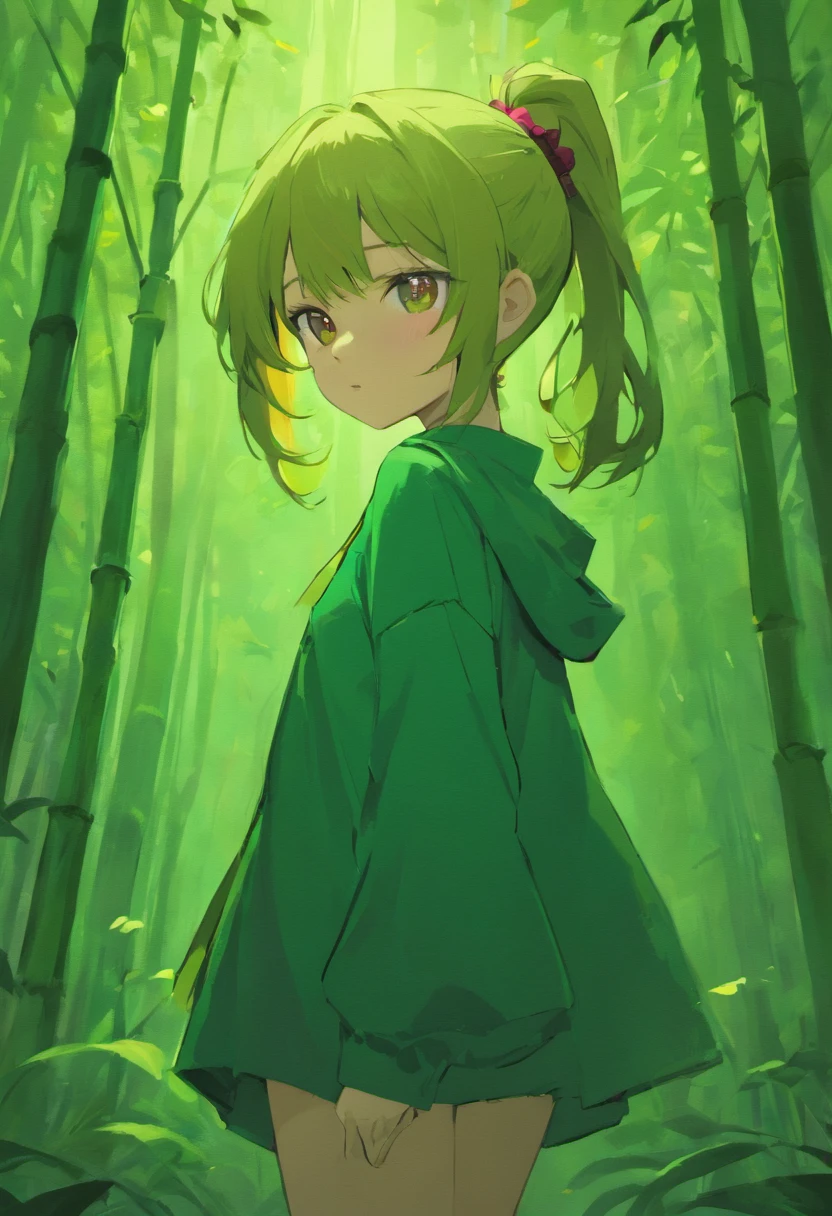 Girl wearing a ruby necklace on her chest，Dark green long-sleeved shirt，Dark green dress for girls，High ponytail，in bamboo forest，themoon