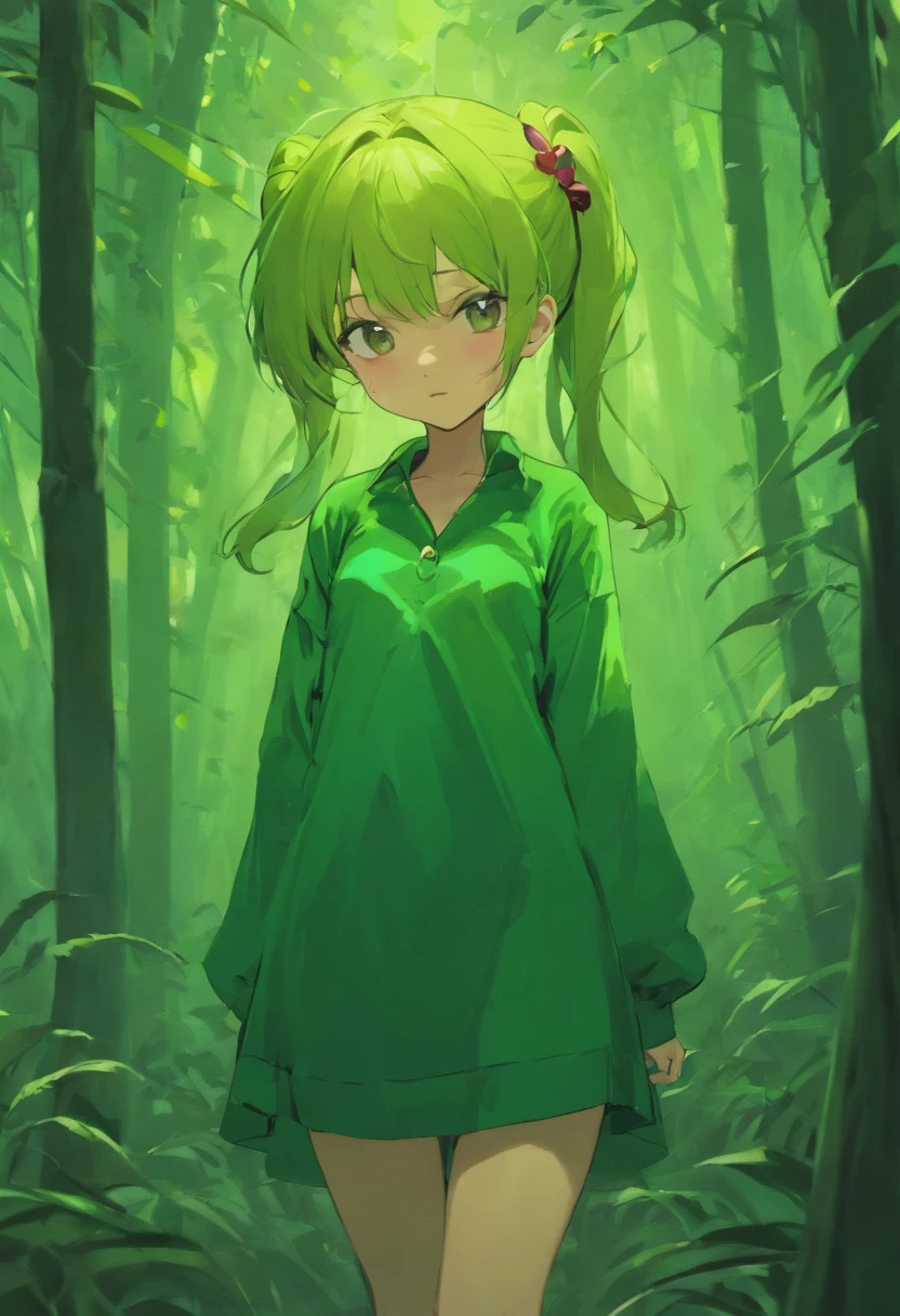 Girl wearing a ruby necklace on her chest,Dark green long-sleeved shirt,Dark green dress for girls,High ponytail,in bamboo forest,themoon
