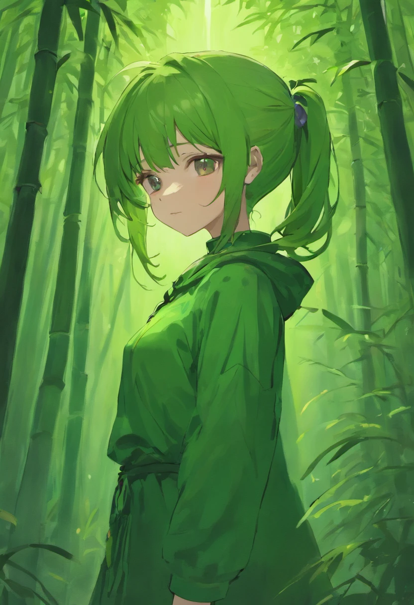 Girl wearing a ruby necklace on her chest,Dark green long-sleeved shirt,Dark green dress for girls,High ponytail,in bamboo forest,themoon