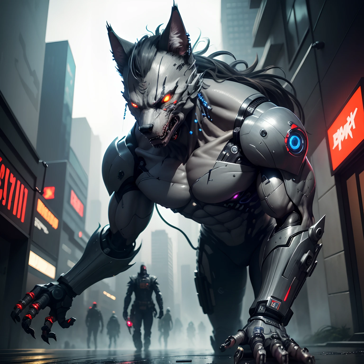 Cyborg werewolf with robotic prosthetics cyberpunk style photorealistic scanning to 16 HD ultra-realistic hyperrealistic fighting in the rainy streets of the abandoned city of Neo Tokyo blue gray image