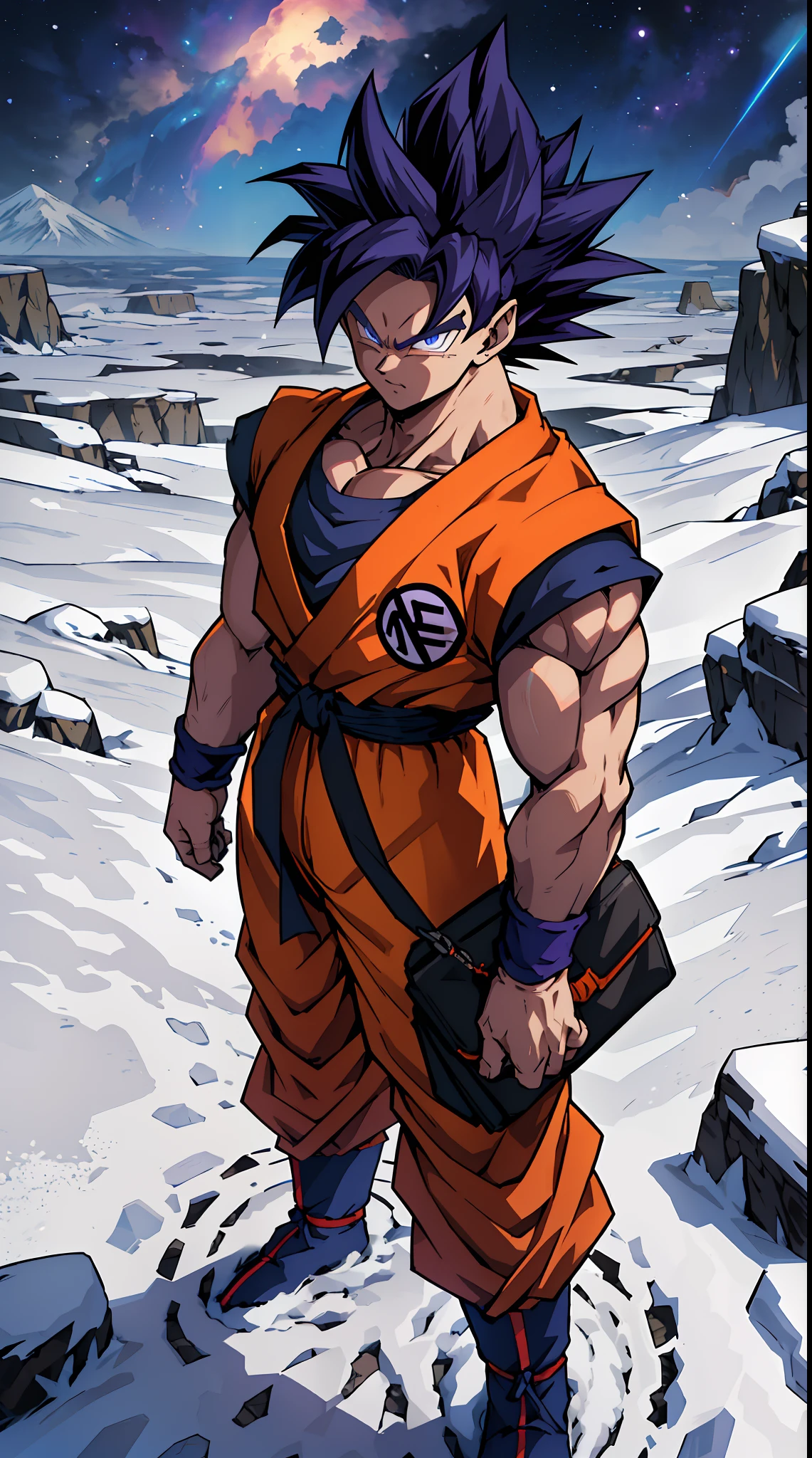 quadratic element,style of shonen anime artwork,goku,The proportions are correct,Face details,highly detailed eyes,hairstyle,Neck details,clothes details,getting ready to fight,short sleeves,Game quality,Light and shadow tracking,Ray traching,detailed glow,cg render,hair detail,Handsome,Handsome,（juvenile sense）,Clothing is complicated,Perfectcomposition,Refinement,high qulity,higher details,Lots of details,volvcano in the background, The background is complex,a sense of atmosphere, angry looking, ((anime))((colorful)), 8k, ((masterpiece)), HDR, highly detailed, vaines poping out, professiona,cloudstick,son goku, super saiyan, full_body, digital_artwork ,midjourney,Megu-KJ, topless,GSayan,SAIYA,super Saiyan, 1 boy,(male focus:1.1),(male muscles:1.2),SAIYA,super saiyan,(purple hair:1.2),(looking at viewer),blue eyes,super saiyan 1, orange baggy snow jacket with a bag pack, standing on a snow covered mountain, full body artwork