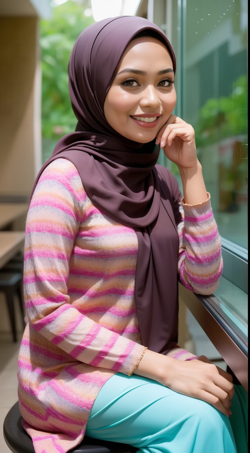 (close up),RAW, Best quality, high resolution, work: 1.3, beautiful Malay woman in hijab, beautiful big eyes, smiling, beautiful face, shiny lips, soft smile, watery eyes, big breasts, thick thighs, beautiful ass, woman beautiful in plaid jacket and trousers , pastel', hodie mihi cras tibi, brown outfit, layered outfit, casual modern outfit, modern casual outfit, designed for a comfortable aesthetic!, femme, beige, # 6 6 9 3 fs , full body photos, clothing photos, famous clothing, casual clothing,, casual clothing style, elegant, perfect ligh
