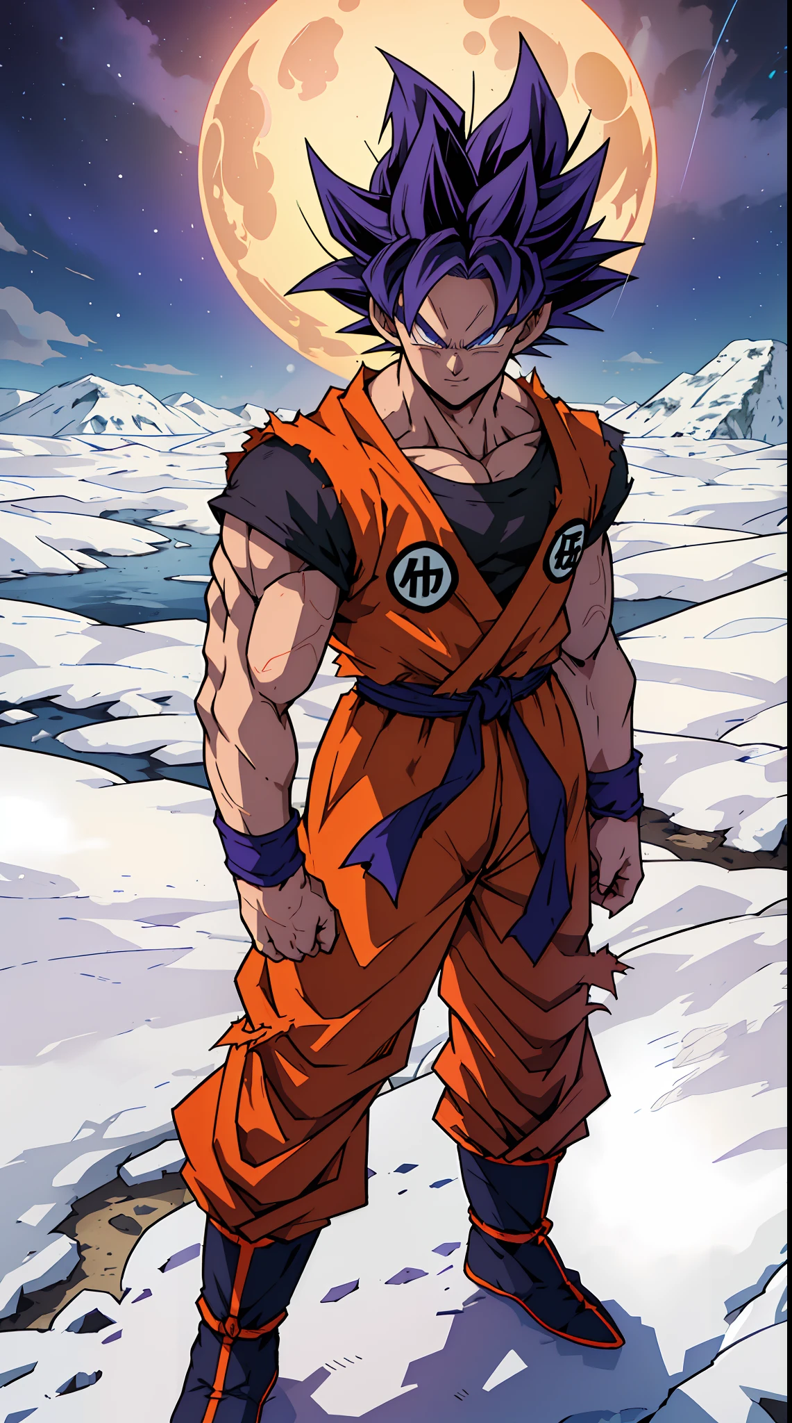 quadratic element,style of shonen anime artwork,goku,The proportions are correct,Face details,highly detailed eyes,hairstyle,Neck details,clothes details,getting ready to fight,short sleeves,Game quality,Light and shadow tracking,Ray traching,detailed glow,cg render,hair detail,Handsome,Handsome,（juvenile sense）,Clothing is complicated,Perfectcomposition,Refinement,high qulity,higher details,Lots of details,volvcano in the background, The background is complex,a sense of atmosphere, angry looking, ((anime))((colorful)), 8k, ((masterpiece)), HDR, highly detailed, vaines poping out, professiona,cloudstick,son goku, super saiyan, full_body, digital_artwork ,midjourney,Megu-KJ, topless,GSayan,SAIYA,super Saiyan, 1 boy,(male focus:1.1),(male muscles:1.2),SAIYA,super saiyan,(purple hair:1.2),(looking at viewer),blue eyes,super saiyan 1, orange baggy snow jacket with a bag pack, standing on a snow covered mountain, full body artwork