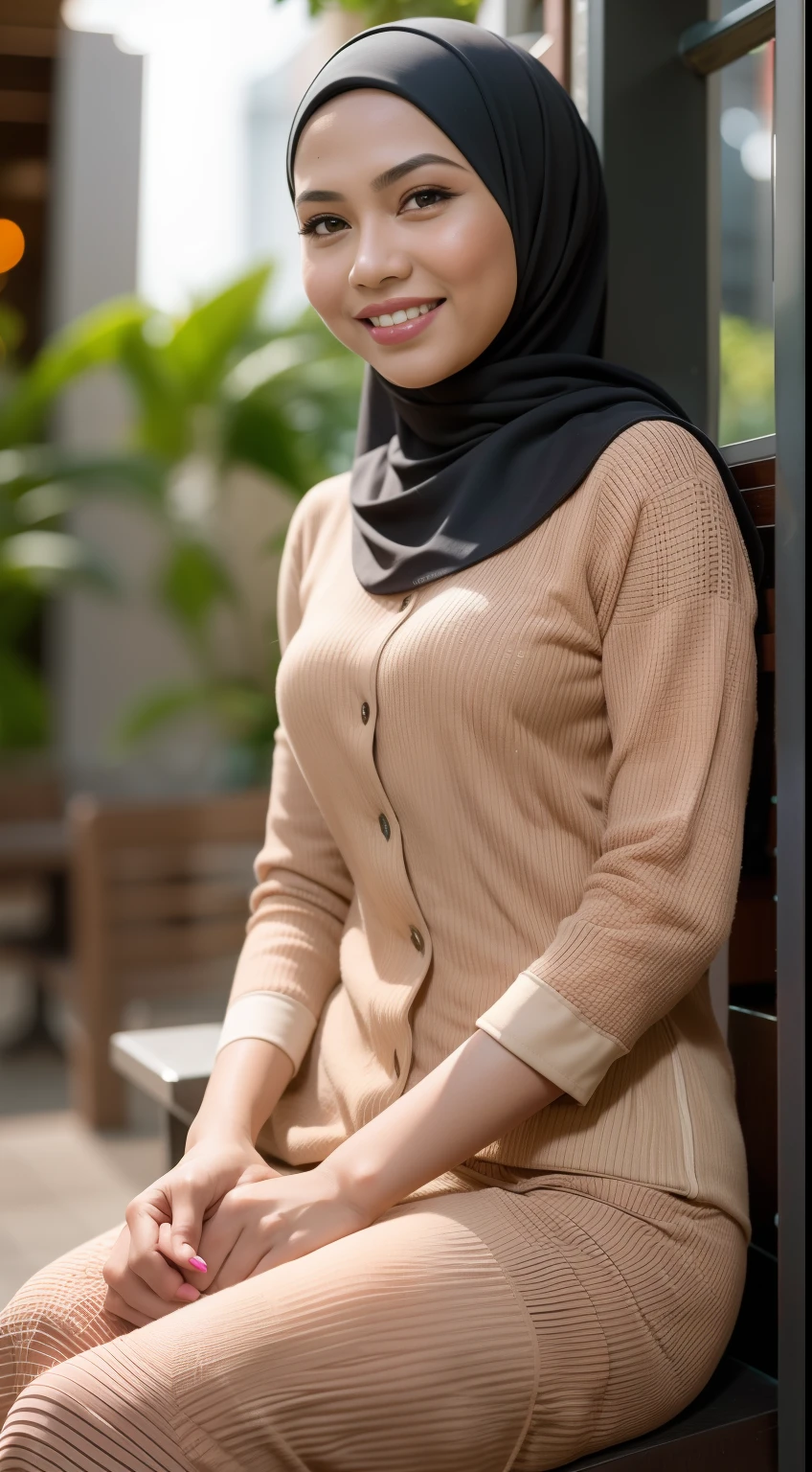 Malay girl in hijab wear baju kurung, pastel color, seating in restaurant, front view, detail skin, detail skin texture, mole below eyes, small breast, big hip, big waist, big thigh, slim abs, beautiful body, evening, laughing, happy, bright lighting, blur background, bokeh,