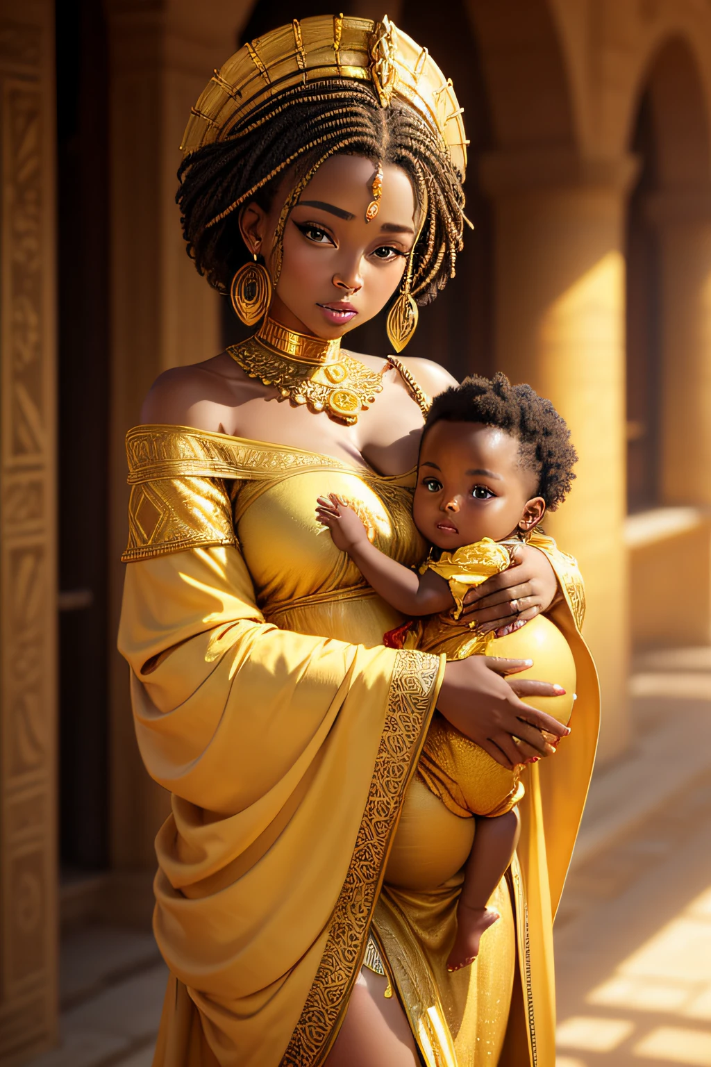 A pregnant woman in a golden dress holding a , Dazzling African princess, Princesse noire africaine, Reine africaine, Princesse africaine, Golden tones, Photo of a beautiful, Shades of gold are displayed naturally, Femme africaine, photographie maternelle 4K, beautiful woman, traditional beauty, Africain, Covered in silky gold, Bijoux africains complexes, Golden colors, Golden aura, Covered with gold
