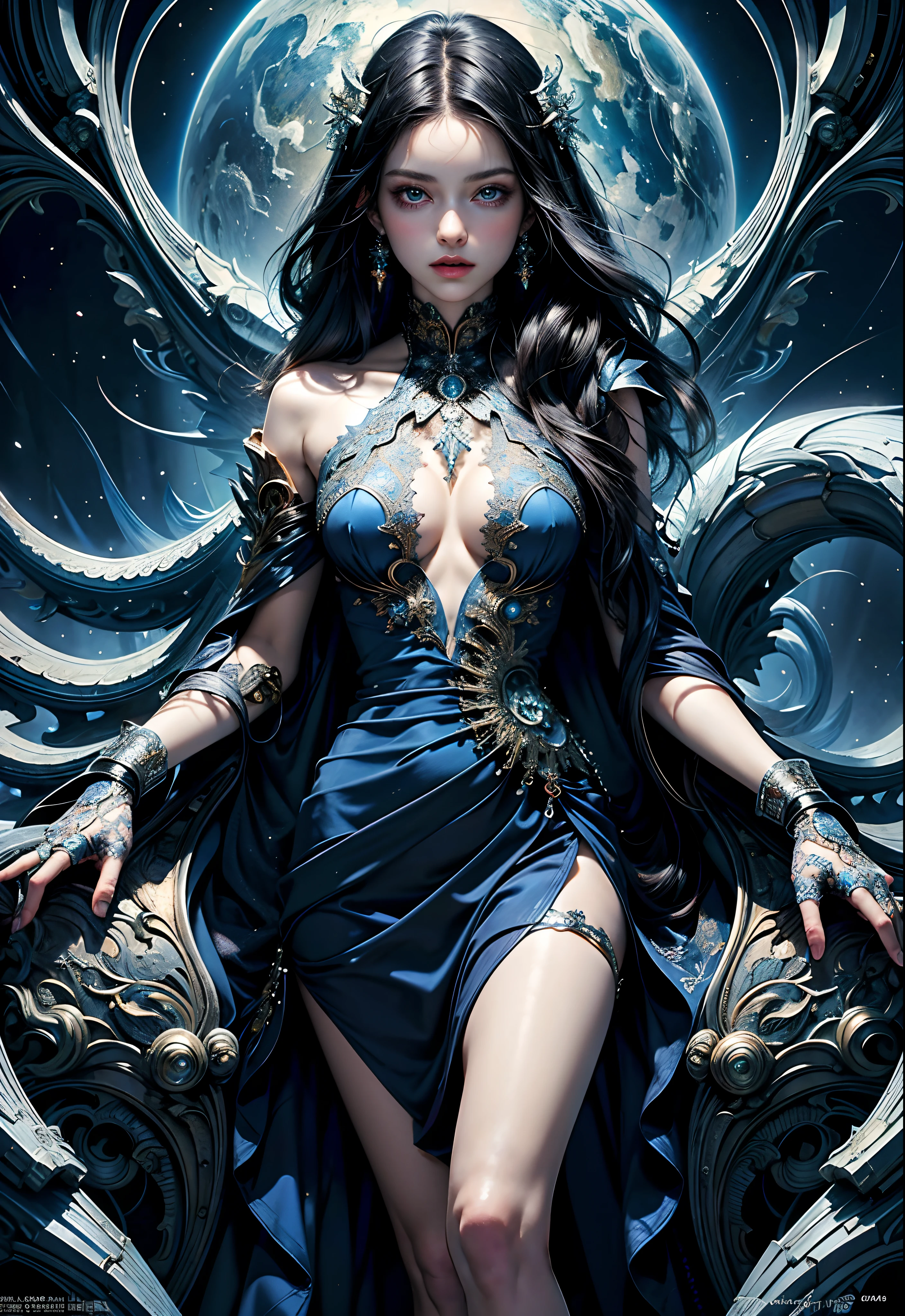(masterpiece, top quality, best quality, official art, beautiful and aesthetic:1.2), (1girl), extreme detailed,(fractal art:1.3), highest detailed, black hair, blue eyes, pale skin, silk dress, blue clothes, silver jewelry