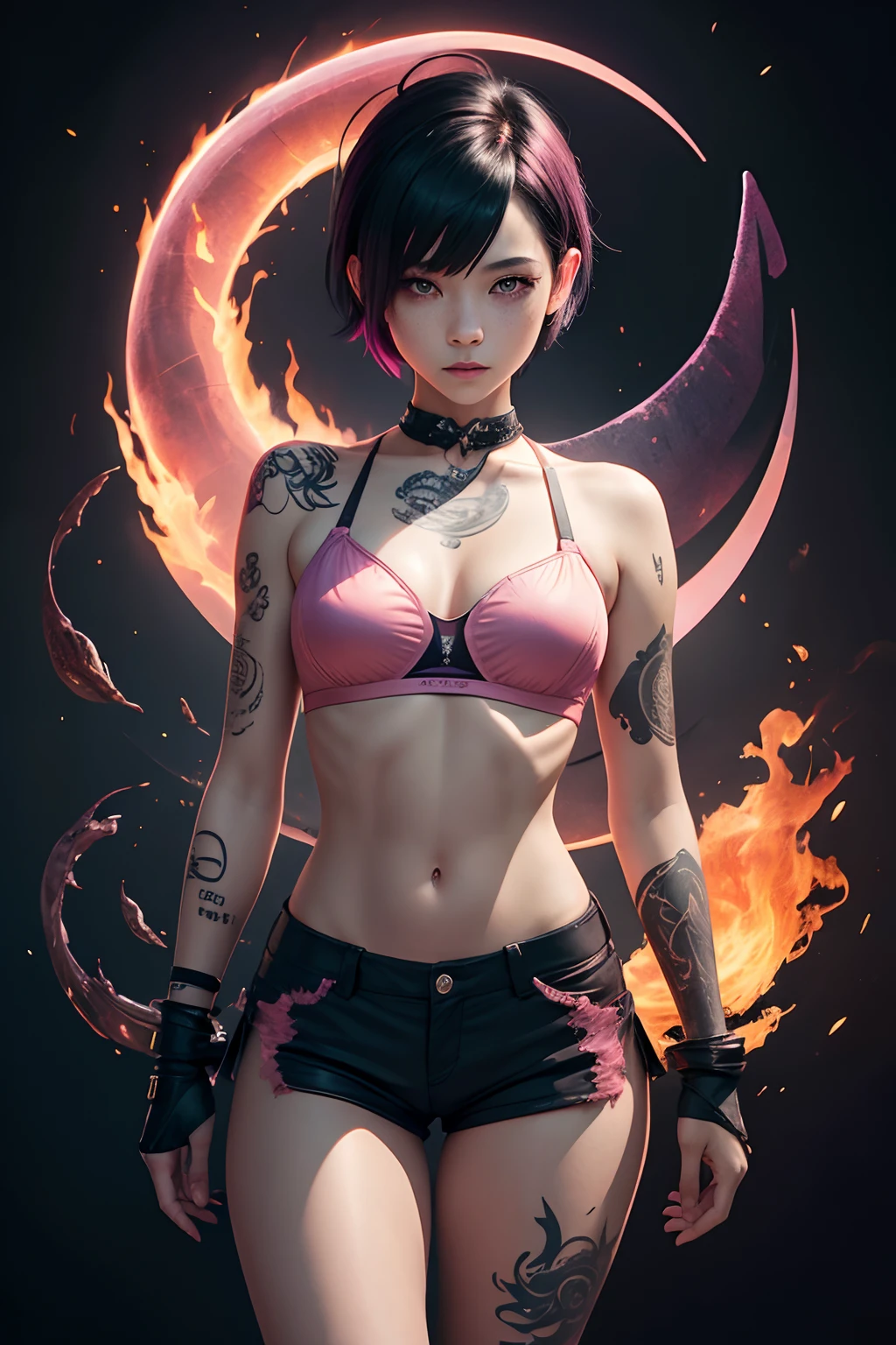 1 girl, balance, yinyang, dragon background, tattoo,pink flame, low light, mythical, transparent bra, short pants, ragged, short hair, black hair,  freckles, sexy body, cute, ultra high quality