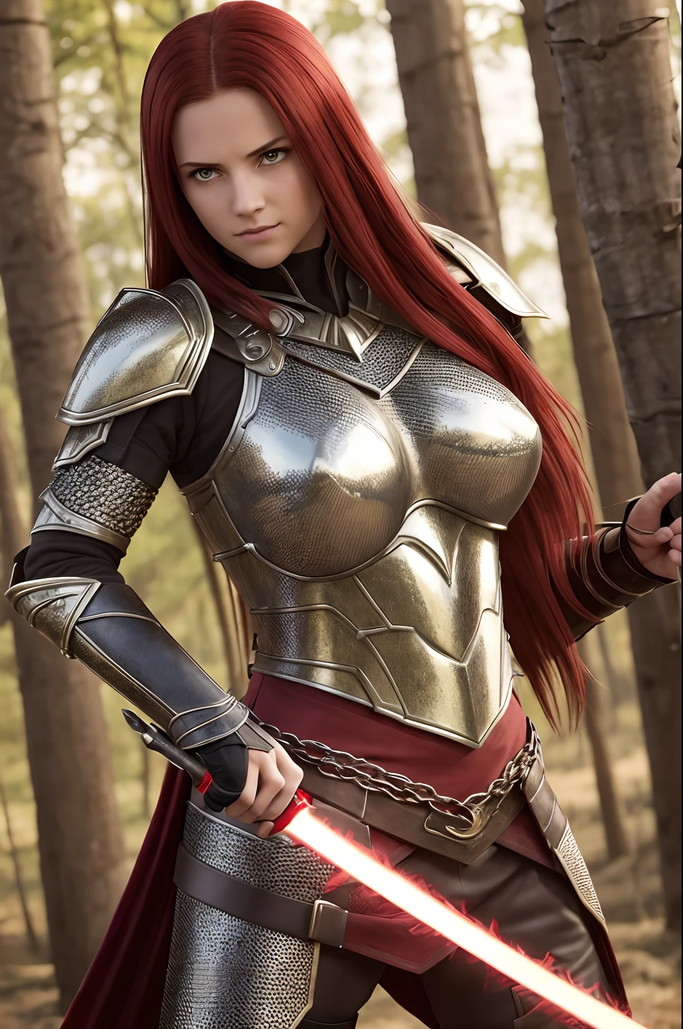 full_body, woman, holding_sword, red_eyes_glowing, long_red_hair, light_yellow_eyes, 8k, intricate chain mail armour detail, melhor qualidade, Realistic, Ultra Detalhado, Better Morning Lighting, melhores sombras, Ultra HD
