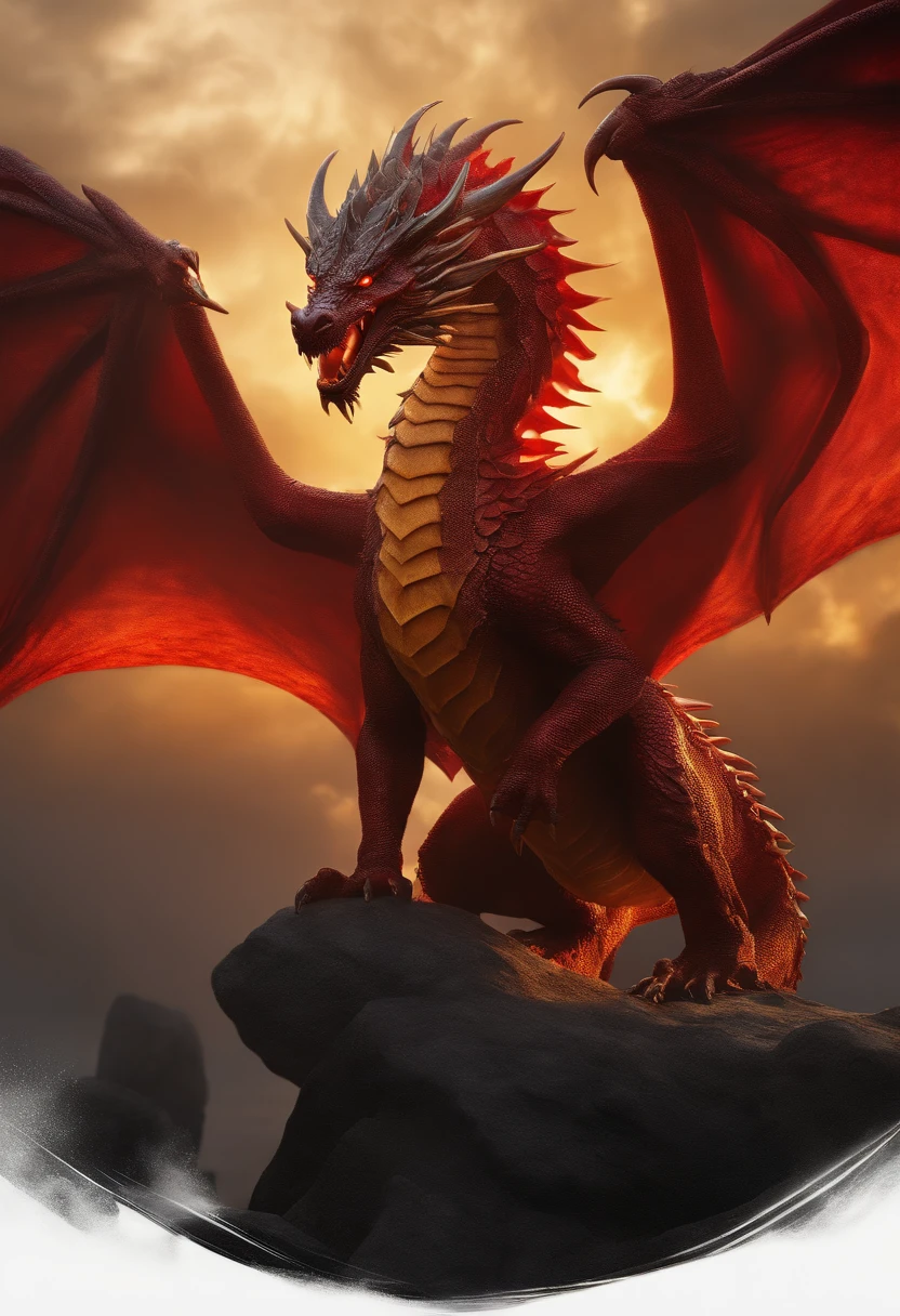 red dragon, yellow thunder, roaring fire,(best quality,4k,8k,highres,masterpiece:1.2),ultra-detailed,(realistic,photorealistic,photo-realistic:1.37),HDR,UHD,studio lighting,sharp focus,physically-based rendering,extreme detail description,professional,vivid colors,bokeh,legendary creature,ominous presence,glowing eyes,sharp claws,scaly skin,billowing smoke,strong, majestic wings,fiery breath,ferocious posture,intense, powerful energy,fierce battle,dramatic sky,ancient ruins,mystical atmosphere,mythical landscape,epic tale,colorful palette,explosive colors,contrast between red and yellow,subtle gradient of warm tones,dynamic lighting,illuminating the dragon's silhouette,creating depth and dimensionality,moving textures,revealing every scale and texture,dynamic composition,conveying the dragon's immense power and magnificence,immersive experience,dynamic energy