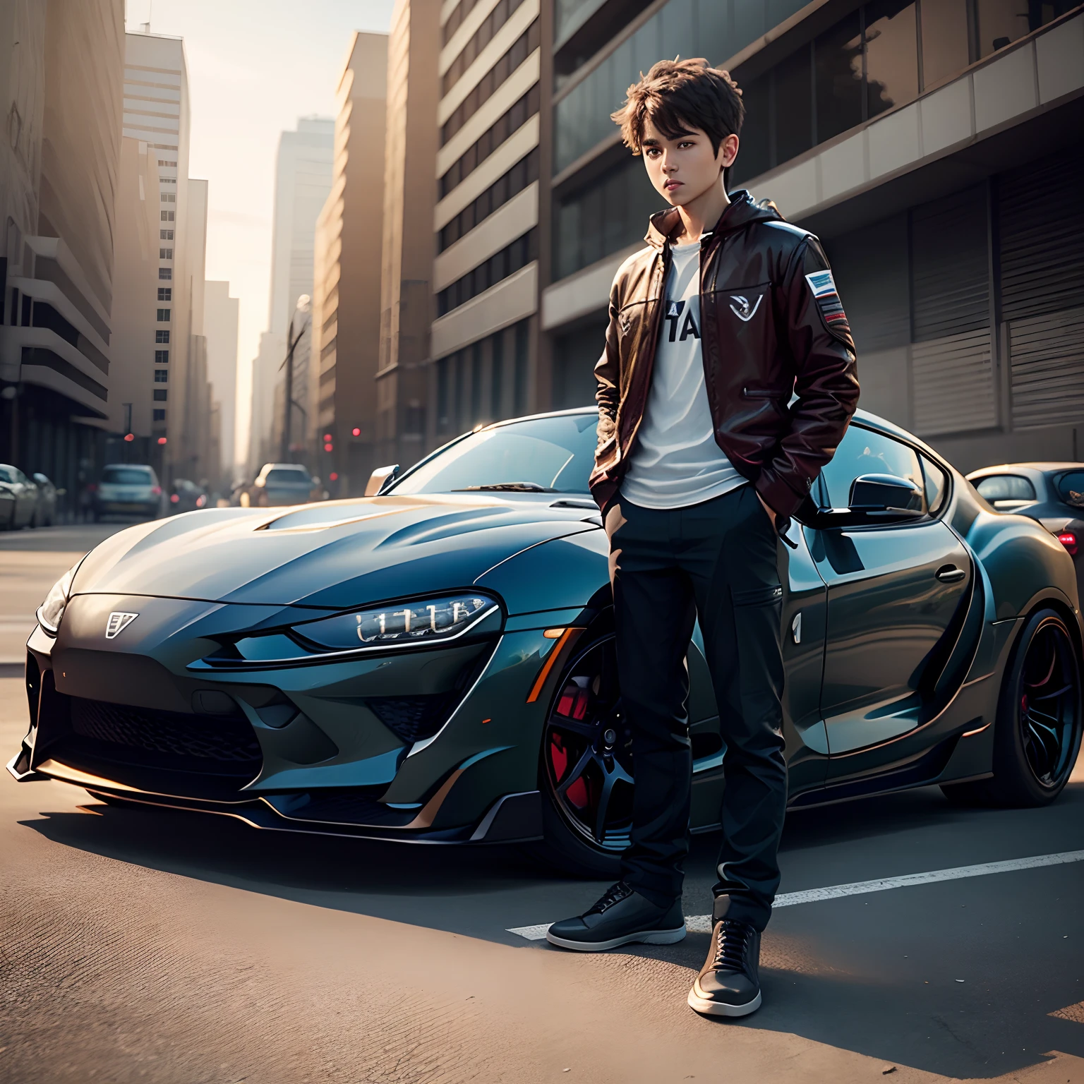 Boy standing beside car supra mk4 realistic 4k resolution