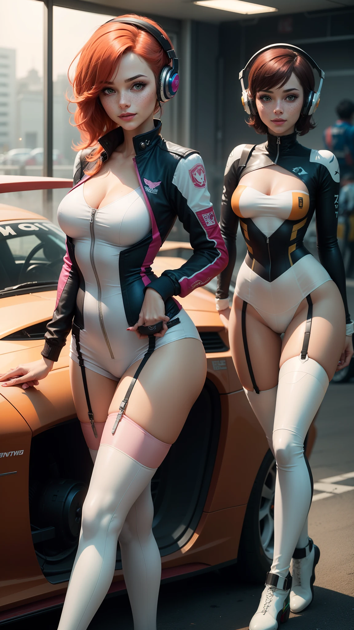 gwen tennyson,1girl,tracer,d.va,rebecca chambers,overwatch,gundam,close up,mecha pilot,speedway,orange and blue plugsuit,hair pin,pirate corset,white long sleeve lycra top,rose tight skirt,short hair,cute makeup,green eyes,orange and pink hair,shy smile, freckles,redhead,beautiful girl,large breasts,ultra detailed,realistic,fantasy art,racing queen uniform,thigh high boots,garter belt,racer jacket,racing car, gaming headset,striped panties,