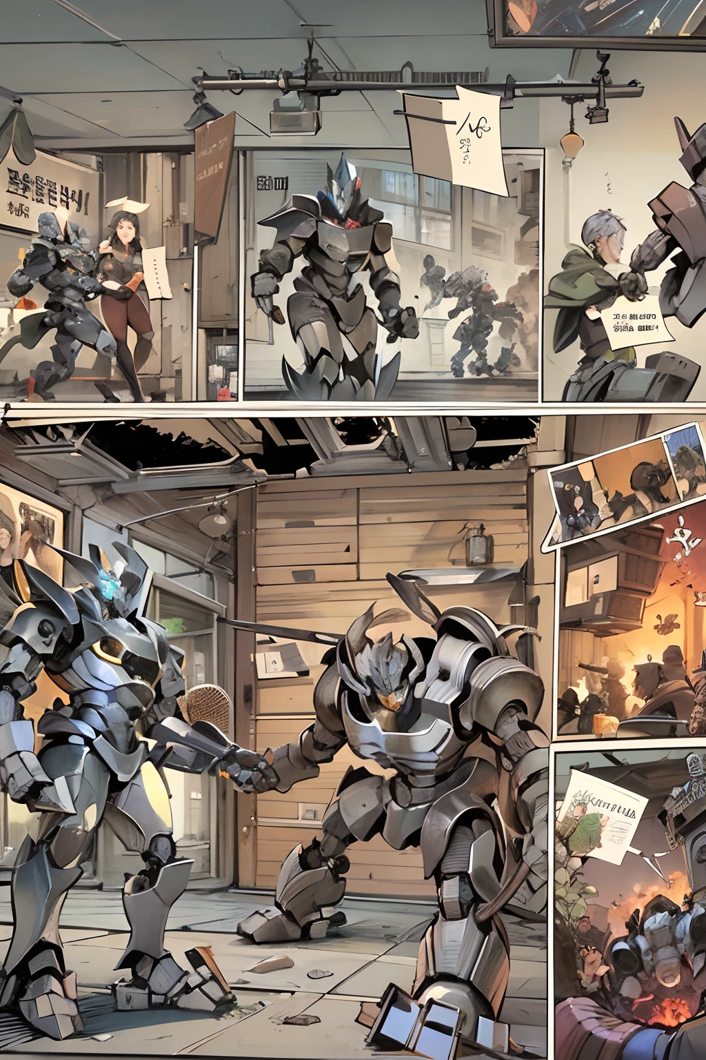 comic strip，Cartoon Split（4 or 5 or 6 tiles），Storyboard，Masterpiece, 。Jack and the robot fight fiercely in the streets。Although Jack is brave，But robots still have the upper hand。 Enhanced detail