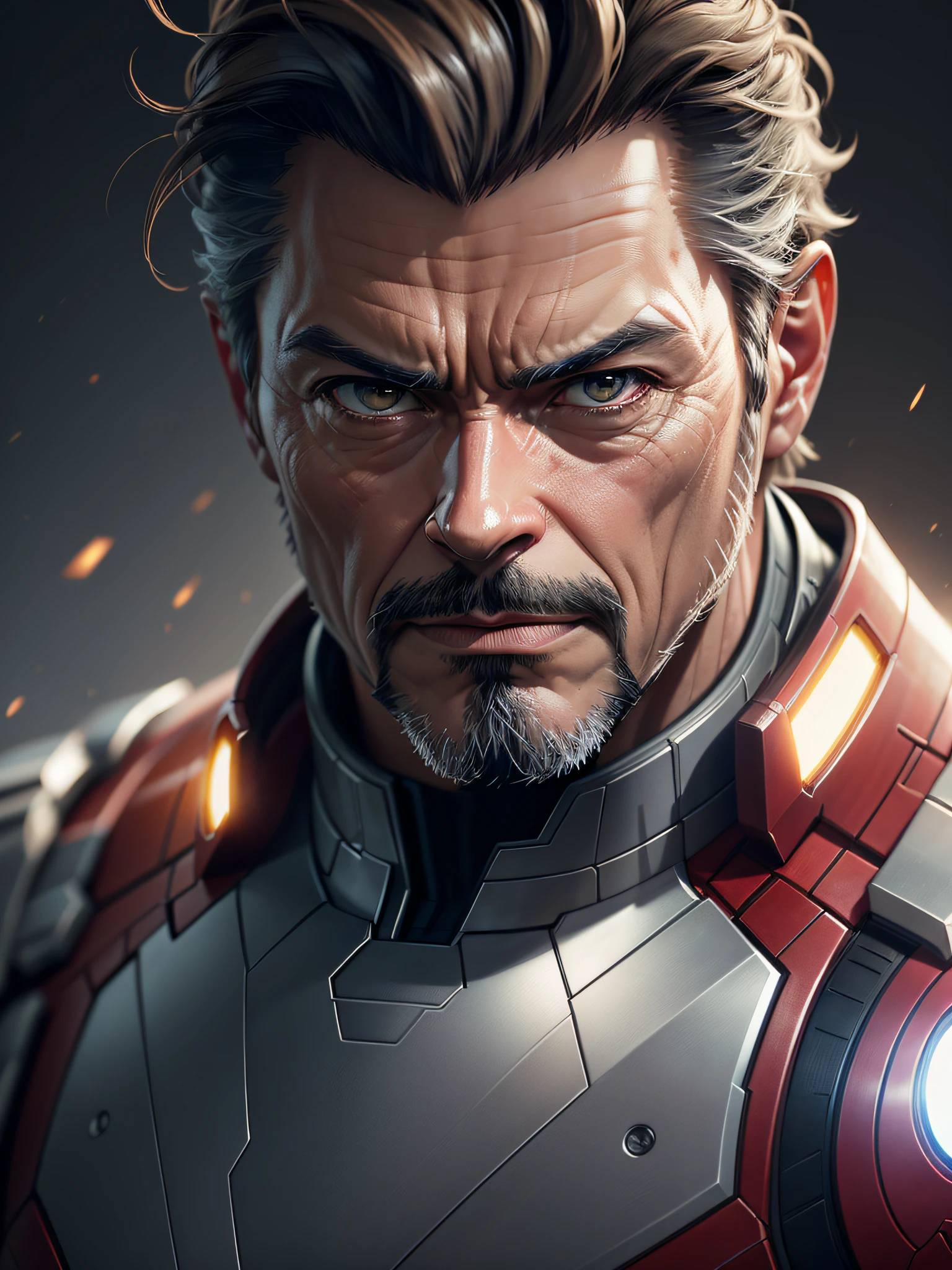 Marvel, Old man Tony Stark, realistically, dynamic lights, old, gray stubble, full shoot, (extremely detailed CG unity 8k wallpaper), trending on ArtStation, trending on CGSociety, High Detail, Sharp focus, dramatic, photorealistic