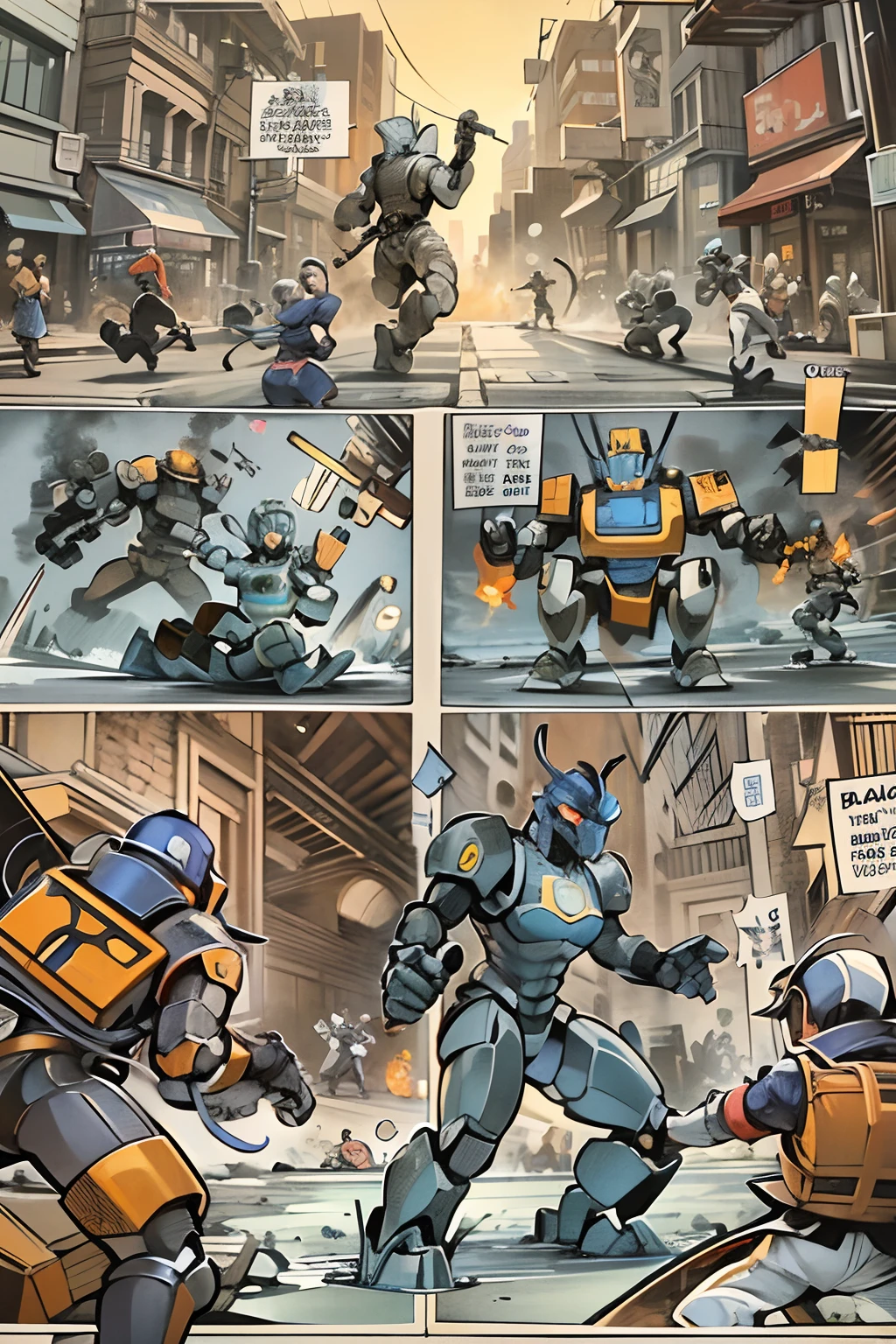 comic strip,Cartoon Split(4 or 5 or 6 tiles),Storyboard,Masterpiece, 。Jack and the robot fight fiercely in the streets。Although Jack is brave,But robots still have the upper hand。 Enhanced detail