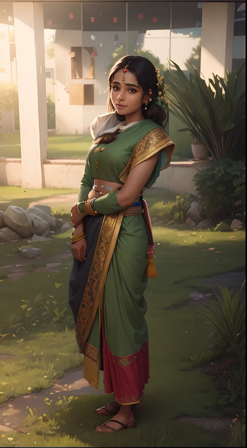 A indian girl standing smile face, background natural green grass in button and backside glass house, 8k ultra realistic