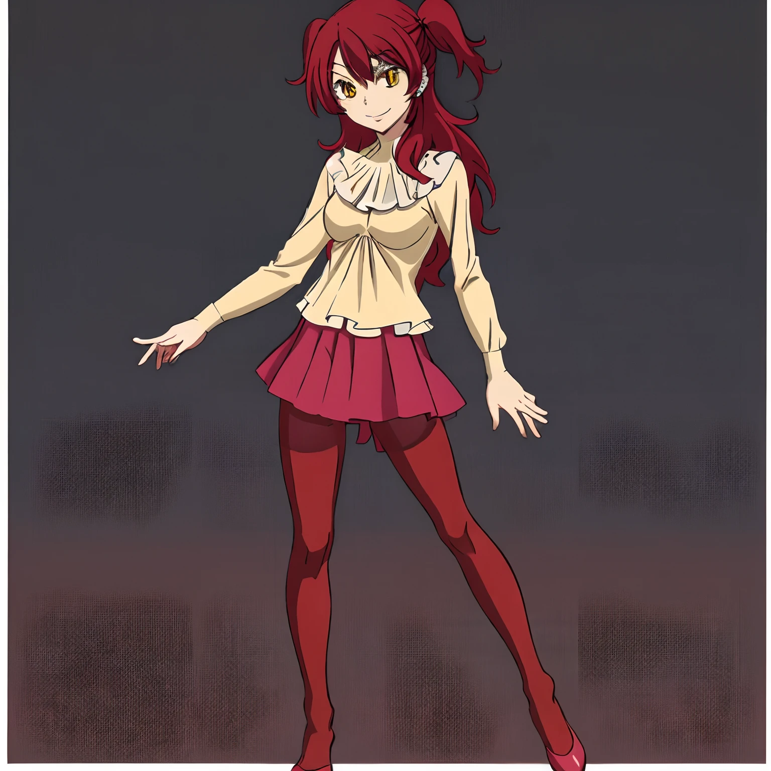 masutepiece,High quality,Solo,
Looking at Viewer,Smile,
Nena Trinity,1girl in,
Long hair,two side up,Red hair,earrings,Yellow eyes,
((blouse))、((pantyhose)),Full body,