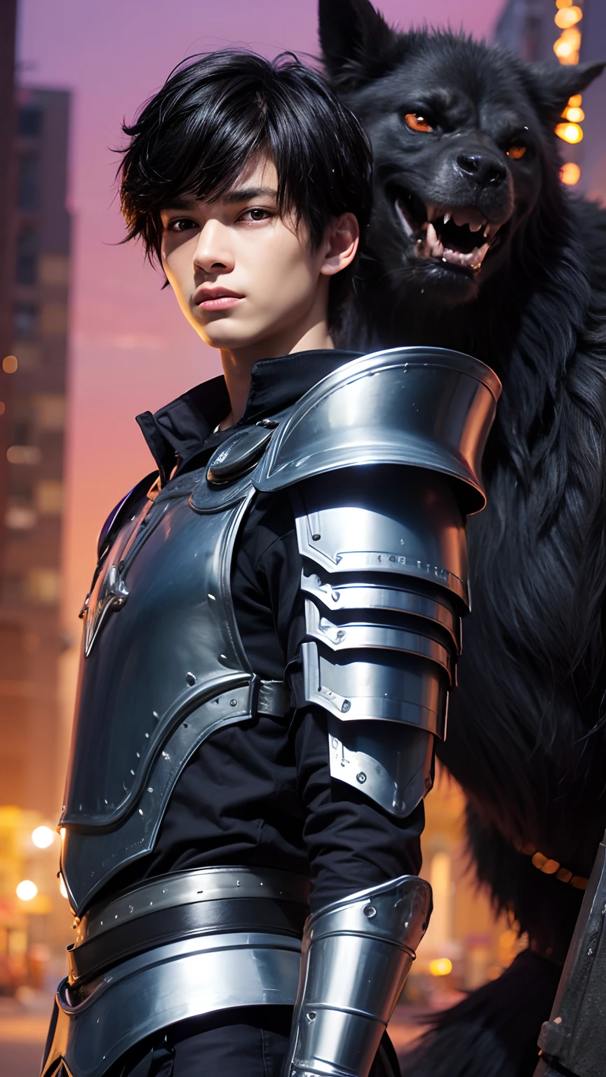 Boy with black hair, with light armor standing with a phanter