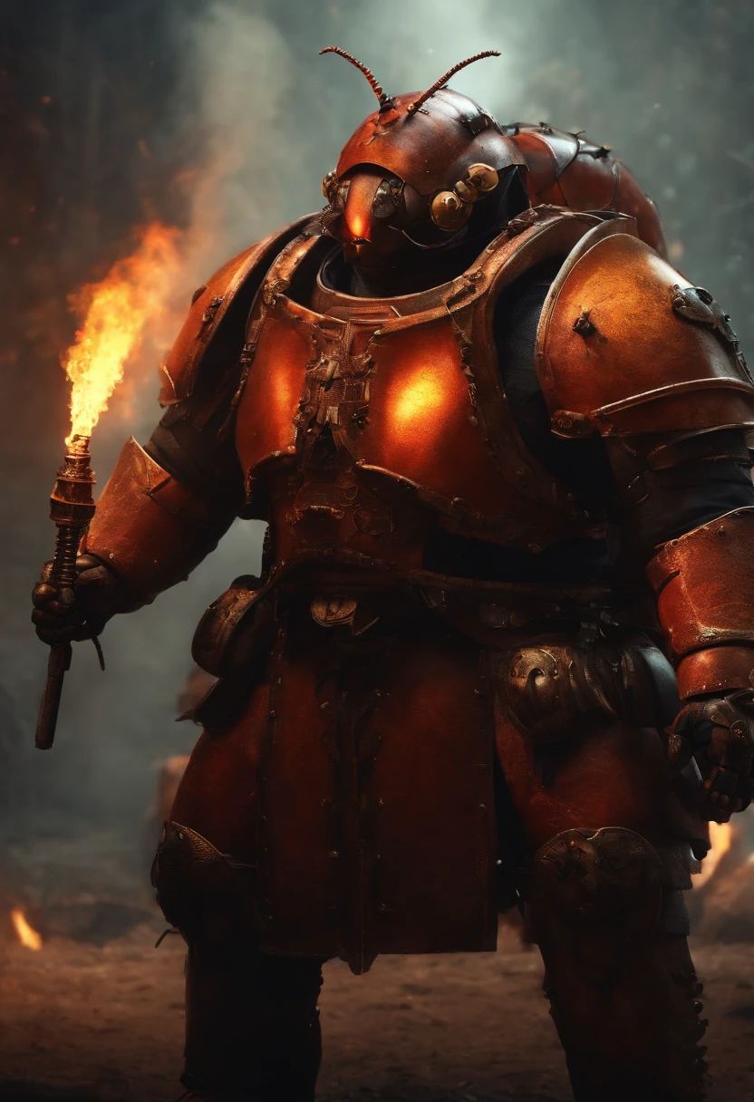 A heavy bulky man with armor and flamethrower and burning the humanoid cockroach.