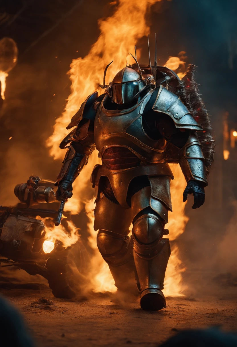 A heavy bulky man with armor and flamethrower and burning the humanoid cockroach.
