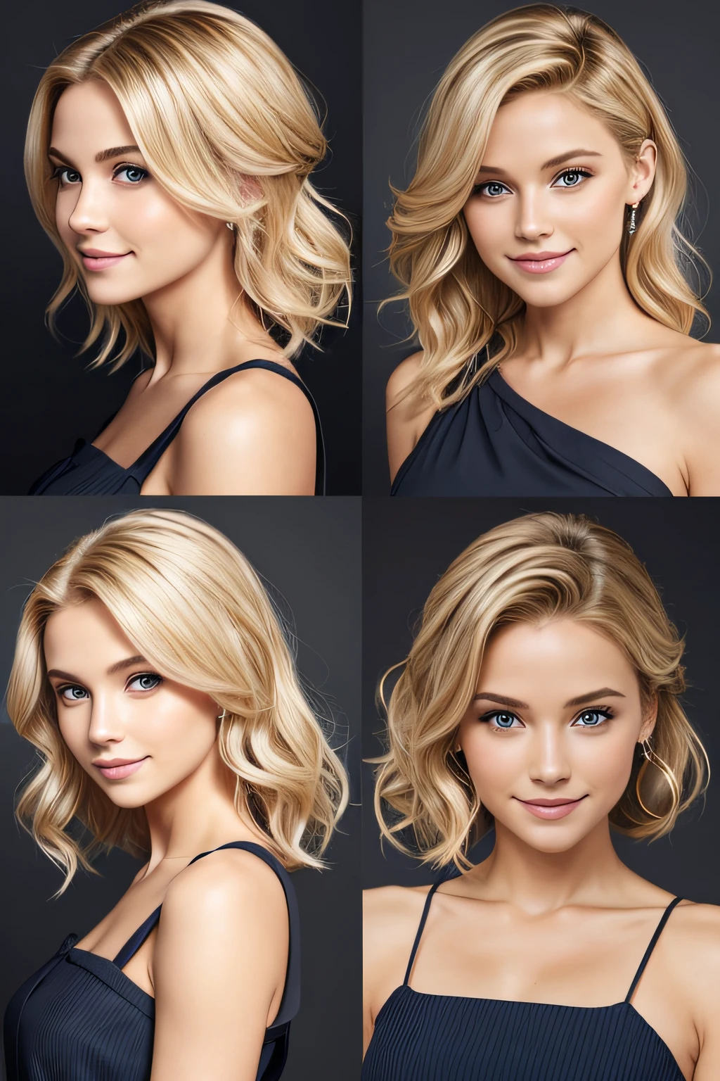 (Same character, front, back), simple background! (full body) femme blonde aux yeux bleus et au haut ???? souriant, shoulder-length hair, Jeune femme souriante, cheveux mi-longs, head portrait, Short wavy blonde hair, cheveux courts - mi-longs, mannequin souriante, shoulder - length blonde hair, cheveux mi-longs, belle et souriante, wavy hair up to the shoulders, femme souriante, shoulder - hair length