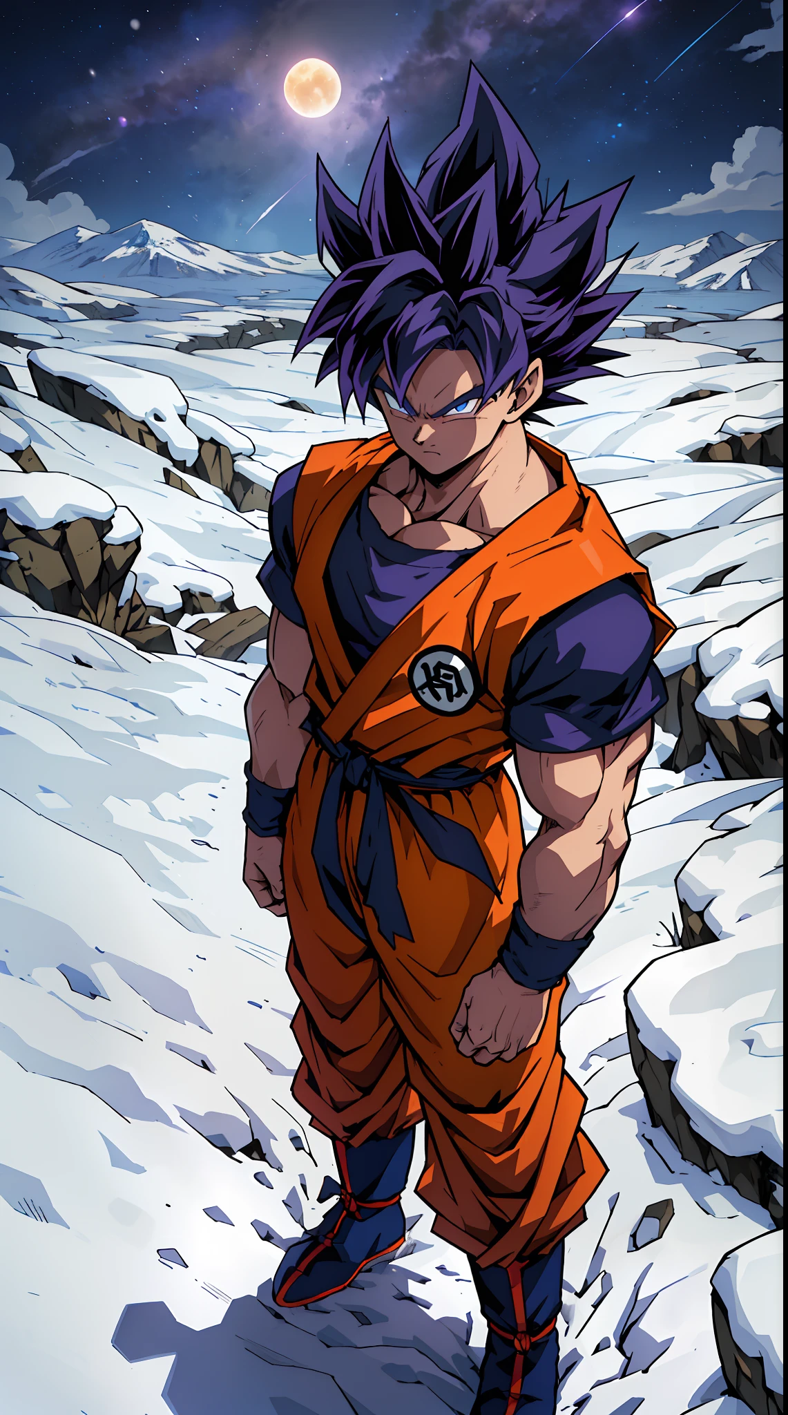 quadratic element,style of shonen anime artwork,goku,The proportions are correct,Face details,highly detailed eyes,hairstyle,Neck details,clothes details,getting ready to fight,short sleeves,Game quality,Light and shadow tracking,Ray traching,detailed glow,cg render,hair detail,Handsome,Handsome,（juvenile sense）,Clothing is complicated,Perfectcomposition,Refinement,high qulity,higher details,Lots of details,volvcano in the background, The background is complex,a sense of atmosphere, angry looking, ((anime))((colorful)), 8k, ((masterpiece)), HDR, highly detailed, vaines poping out, professiona,cloudstick,son goku, super saiyan, full_body, digital_artwork ,midjourney,Megu-KJ, topless,GSayan,SAIYA,super Saiyan, 1 boy,(male focus:1.1),(male muscles:1.2),SAIYA,super saiyan,(purple hair:1.2),(looking at viewer),blue eyes,super saiyan 1, orange baggy snow jacket with a bag pack, standing on a snow covered mountain, full body artwork