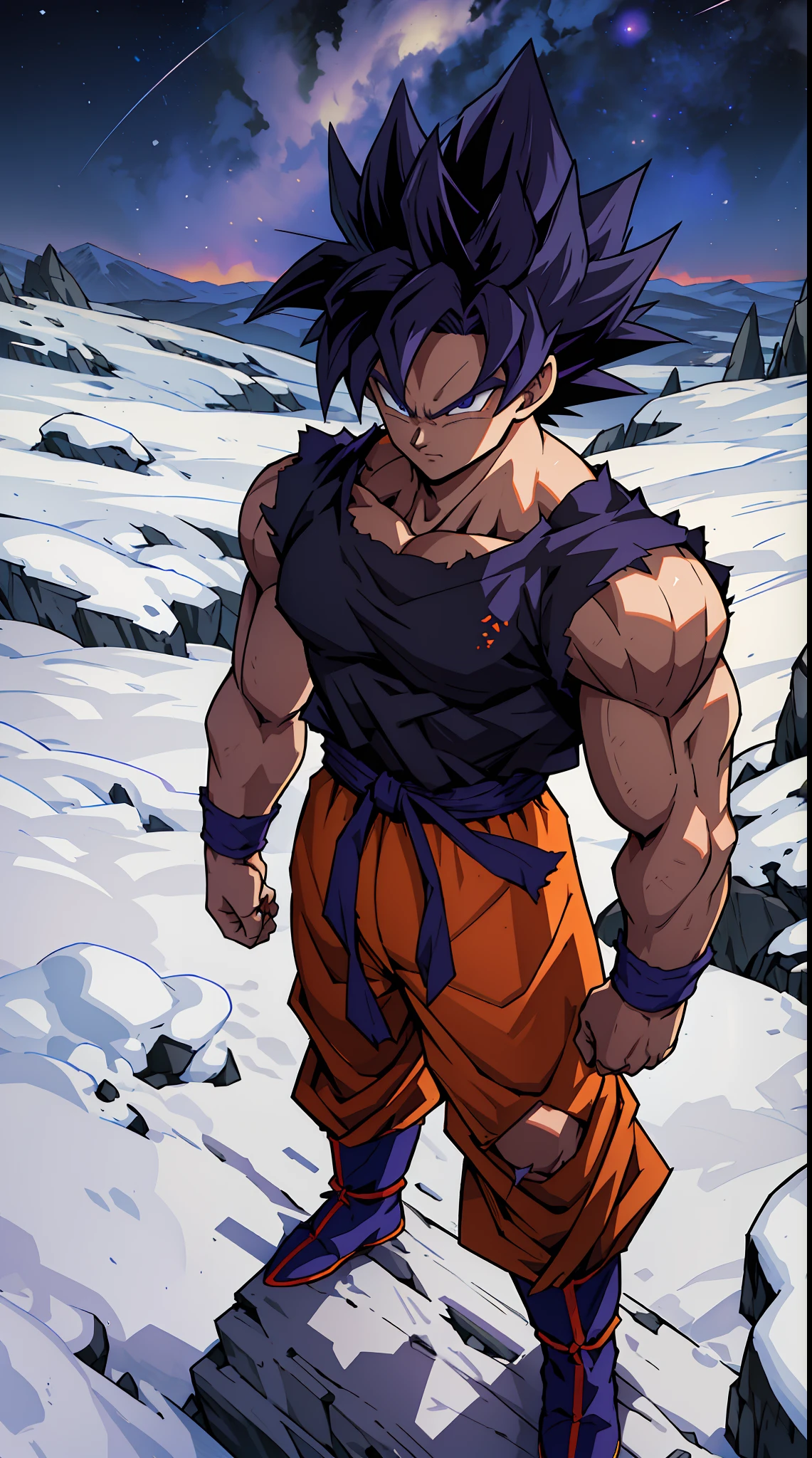 quadratic element,style of shonen anime artwork,goku,The proportions are correct,Face details,highly detailed eyes,hairstyle,Neck details,clothes details,getting ready to fight,short sleeves,Game quality,Light and shadow tracking,Ray traching,detailed glow,cg render,hair detail,Handsome,Handsome,（juvenile sense）,Clothing is complicated,Perfectcomposition,Refinement,high qulity,higher details,Lots of details,volvcano in the background, The background is complex,a sense of atmosphere, angry looking, ((anime))((colorful)), 8k, ((masterpiece)), HDR, highly detailed, vaines poping out, professiona,cloudstick,son goku, super saiyan, full_body, digital_artwork ,midjourney,Megu-KJ, topless,GSayan,SAIYA,super Saiyan, 1 boy,(male focus:1.1),(male muscles:1.2),SAIYA,super saiyan,(purple hair:1.2),(looking at viewer),blue eyes,super saiyan 1, orange baggy snow jacket with a bag pack, standing on a snow covered mountain, full body artwork