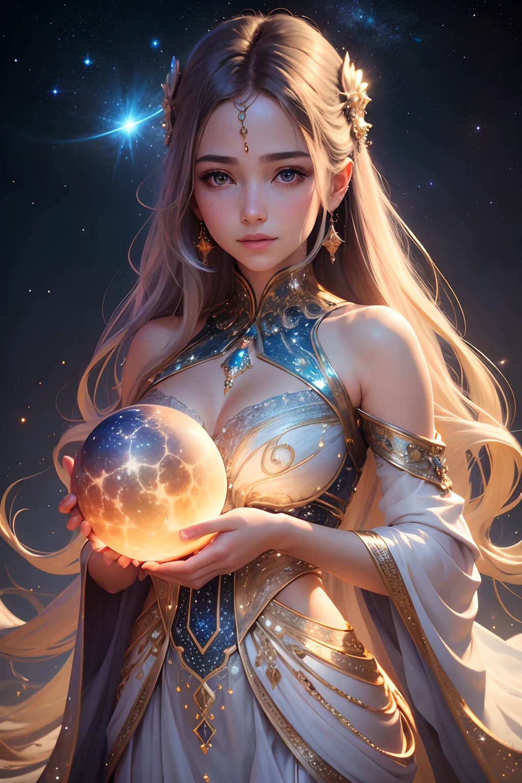 (best quality,4k,highres:1.2),ultra-detailed,(realistic:1.37)
a beautiful girl holding a ball filled with galaxies, intricate designs on the surface of the ball, stars and nebulae swirling within it
long, flowing hair cascading down her shoulders, vibrant and shimmering colors illuminating her face
sparkling, star-like jewels adorning her dress, reflecting the light in mesmerizing patterns
soft, ethereal light casting a gentle glow on her skin, creating a dreamlike atmosphere
subtle wisps of cosmic dust floating around her, adding a touch of mystique to the scene
a serene expression on her face, as if she holds the mysteries of the universe in her hands
a background of swirling galaxies, creating a vast and awe-inspiring backdrop
subtle hints of other celestial bodies in the distance, adding depth and complexity to the composition
subtle hints of constellations and astronomical symbols, paying homage to the wonders of the night sky
a sense of wonder and awe, evoking a feeling of being connected to the vastness of the universe.