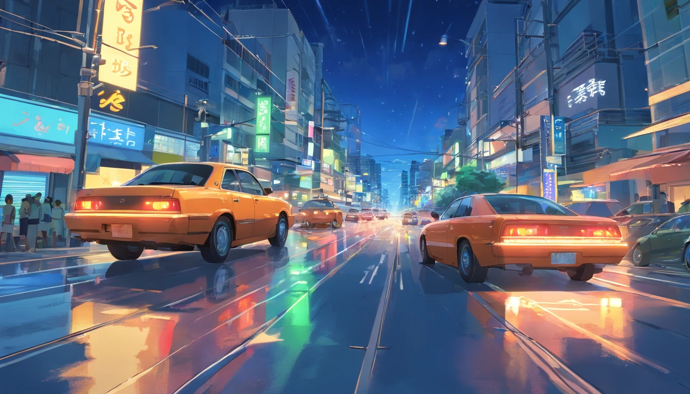 Night city Cars and traffic lights are visible There are no people
