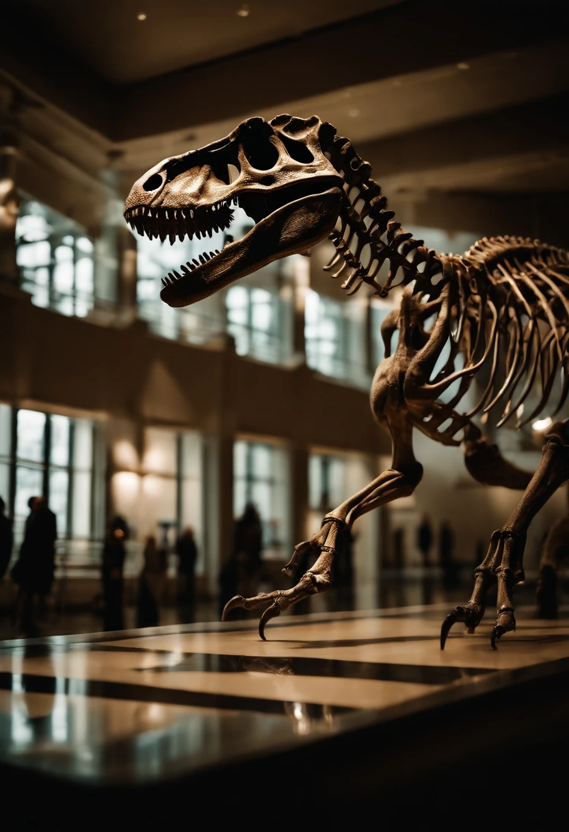 A photograph of a real sized Tyranossaurus Rex scheleton at a museum. The skeleton is glassy and iridescent.