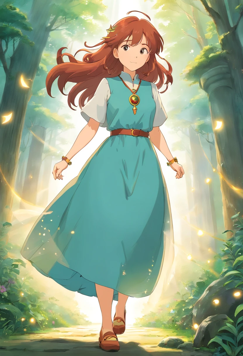 (best quality,masterpiece:1.2),woman,with thick copper hair,in a magical dress and with a pendant around her neck,on a white background,full-length.