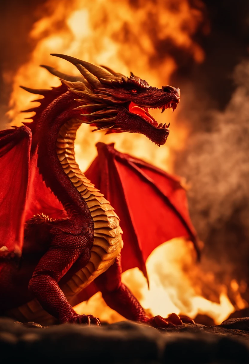 Dragon made of pure fire looking to the right, made of pure fire, facing to the right,