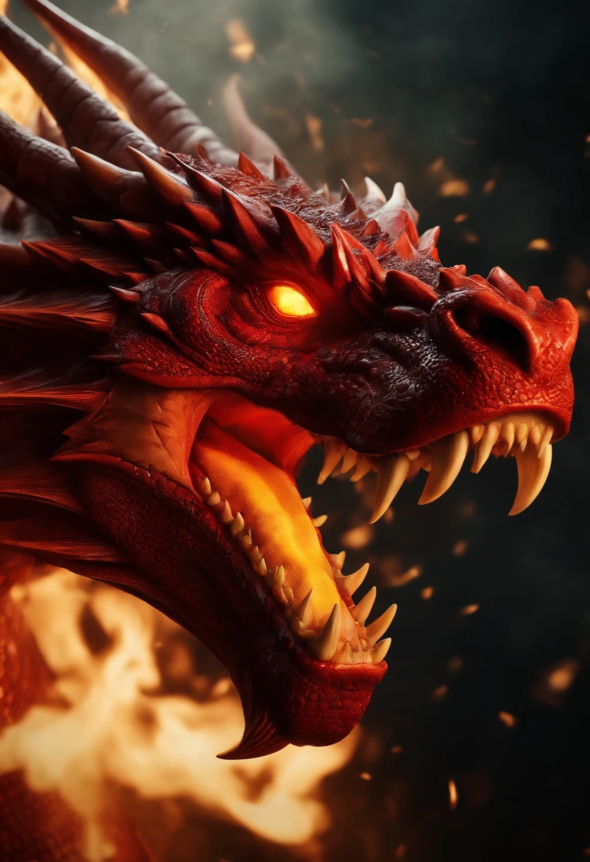 Dragon made of pure fire turned slightly to the right, made of pure fire, facing slightly to the right, close up, red dragon, dragon extremely close to the viewer, open mouth,