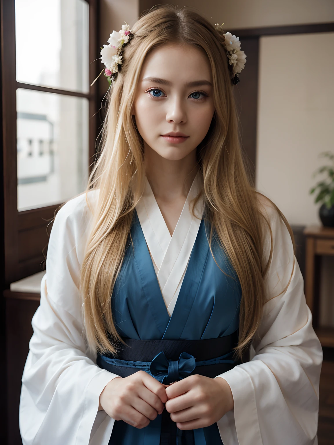 (masterpiece), high-definition Hanfu women, European and American face, perfect face, long blonde hair, blue eyes, very charming.