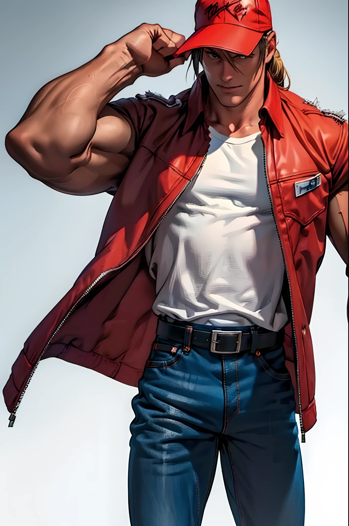 masterpiece, best quality, ultra -detailed, finely detail, Terry bogard, sexy pose, serious look, white shirt, red vest, black belt, dark blue jeans, half body